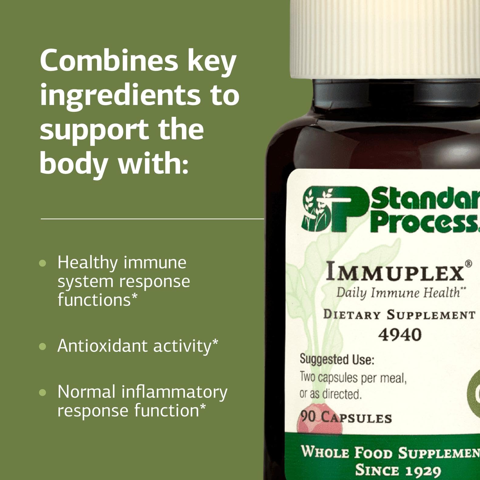 Standard Process cápsulas de Immuplex en la mano, tamaño práctico para consumo diario