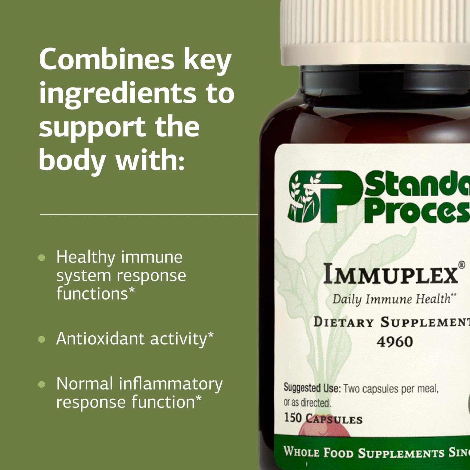 Standard Process Immuplex comparación de tamaño en mano facilita dosificación visual