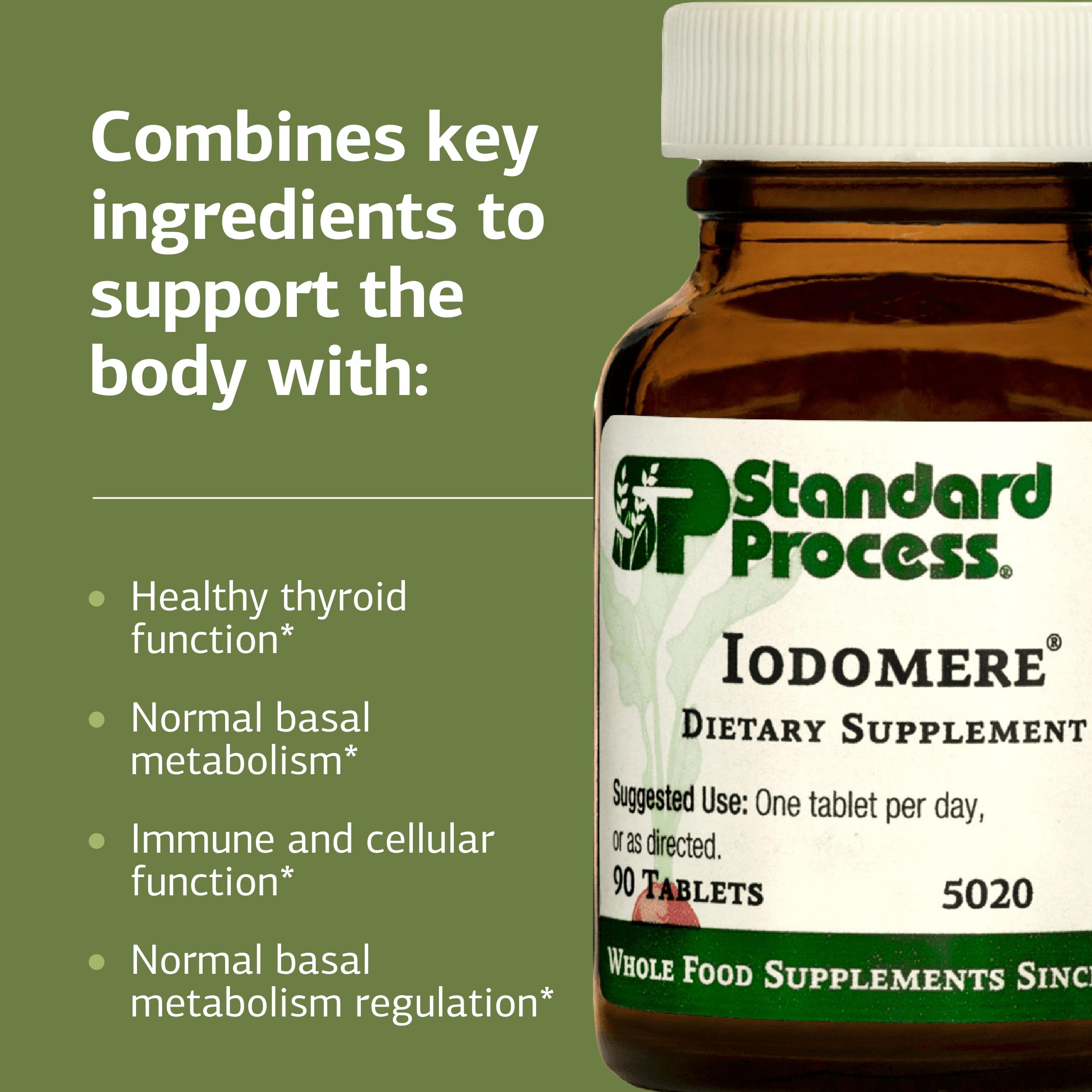 Standard Process Iodomere etiqueta con información de yodo y beneficios visibles