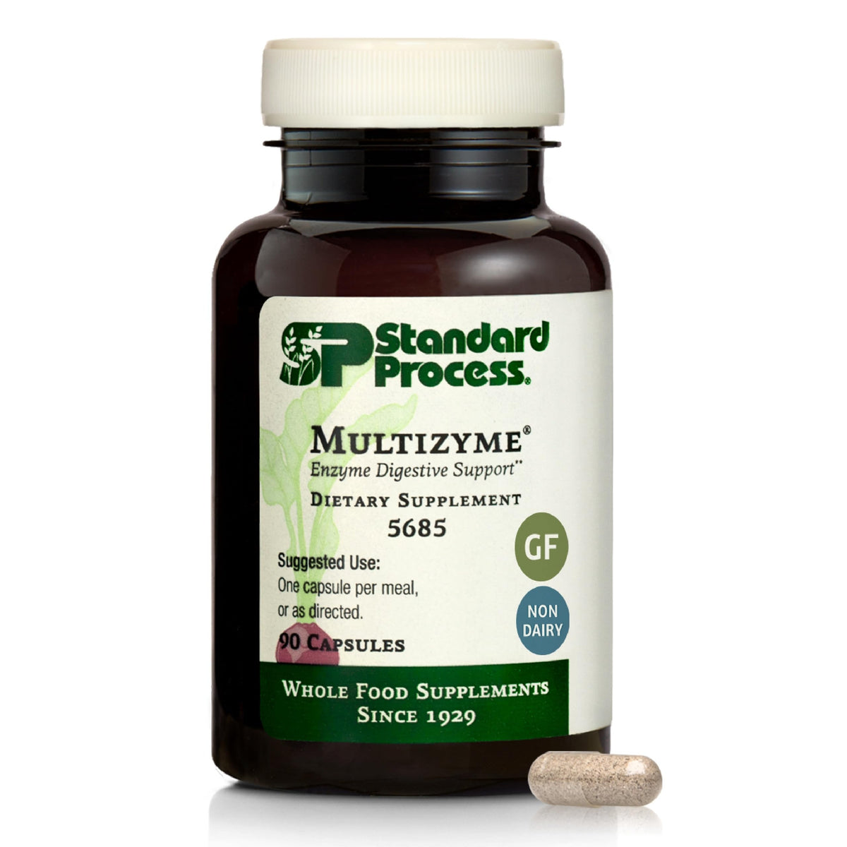 Standard Process Multizyme envase frontal que muestra cápsulas y beneficios digestivos