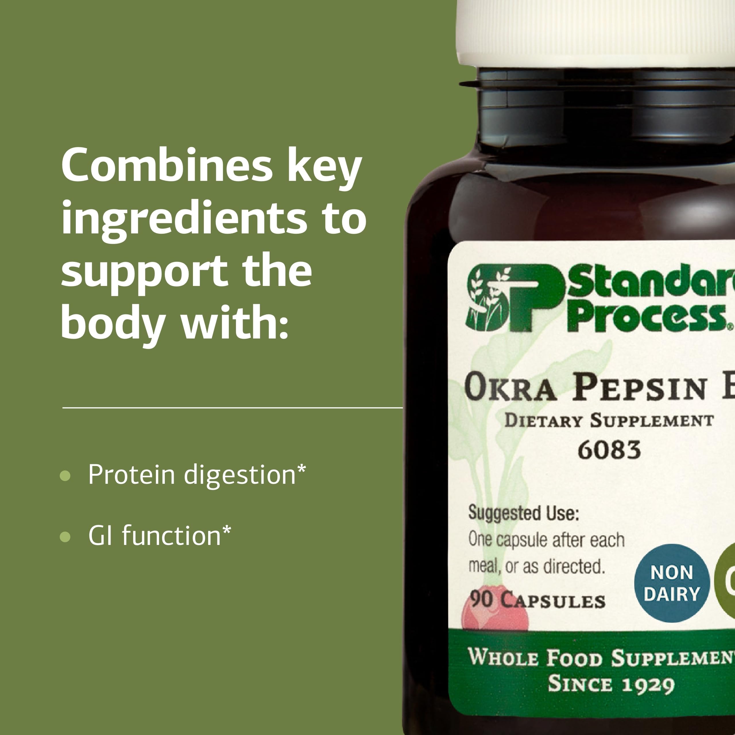 Standard Process etiqueta nutricional de Okra Pepsin E3 mostrando ingredientes clave