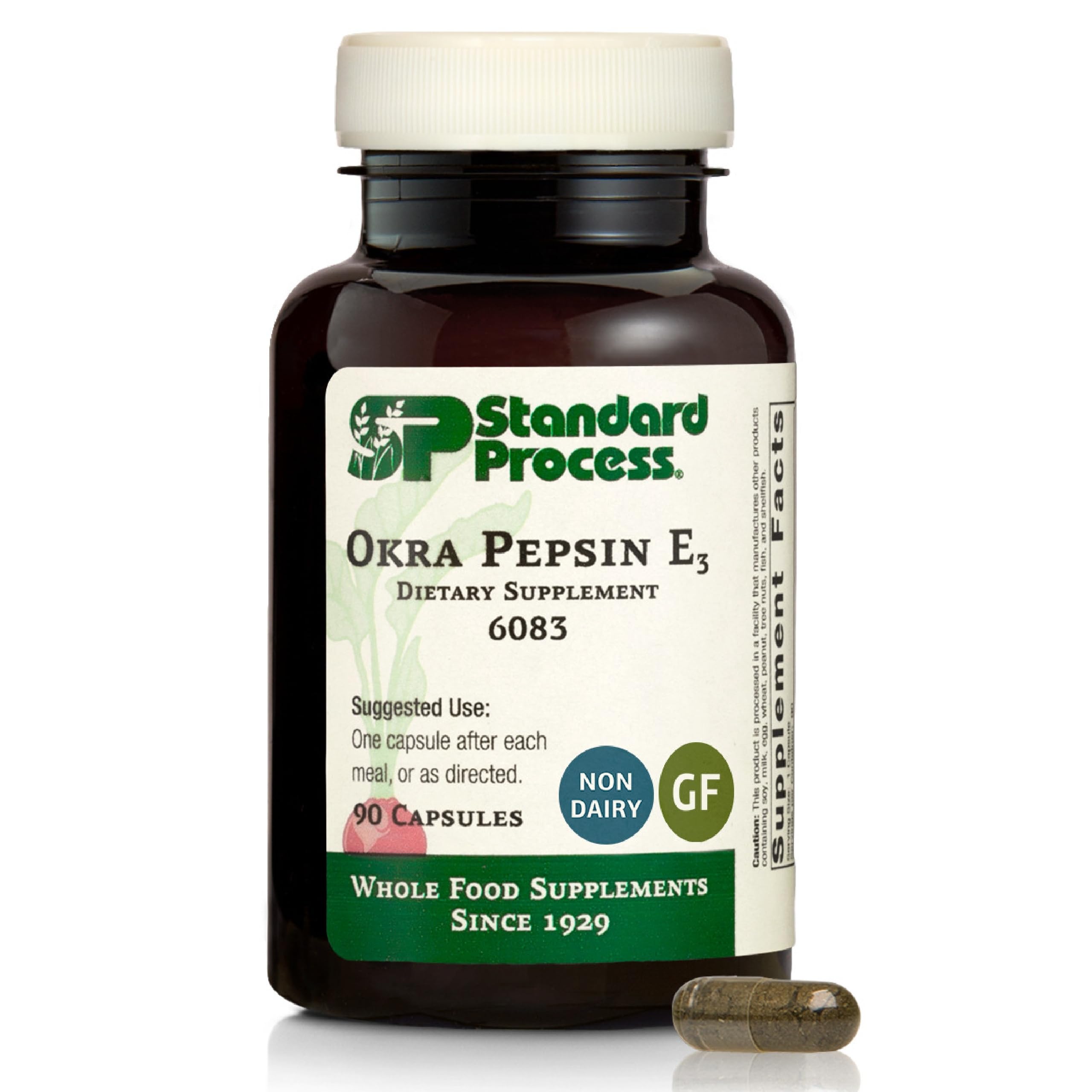 Standard Process frasco frontal de Okra Pepsin E3 mostrando presentación y beneficio digestivo