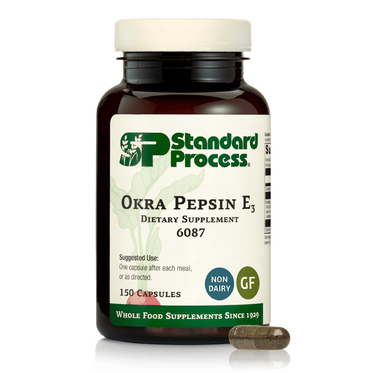 Standard Process Okra Pepsin E3 vista frontal del envase, presenta claridad de marca y beneficios