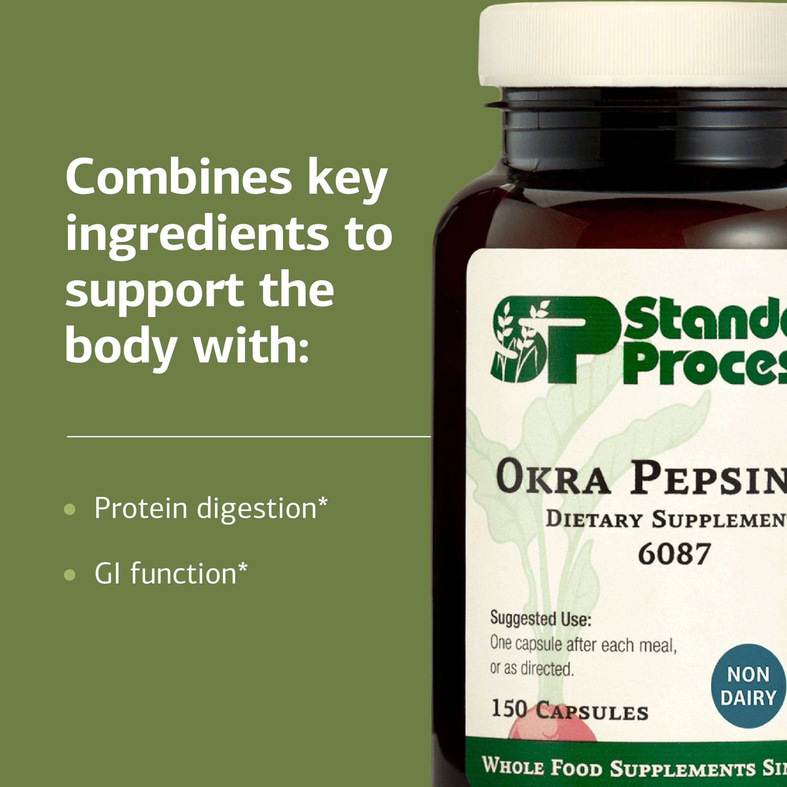 Standard Process Okra Pepsin E3 fruto de okra fresco e ingredientes naturales, subraya origen vegetal