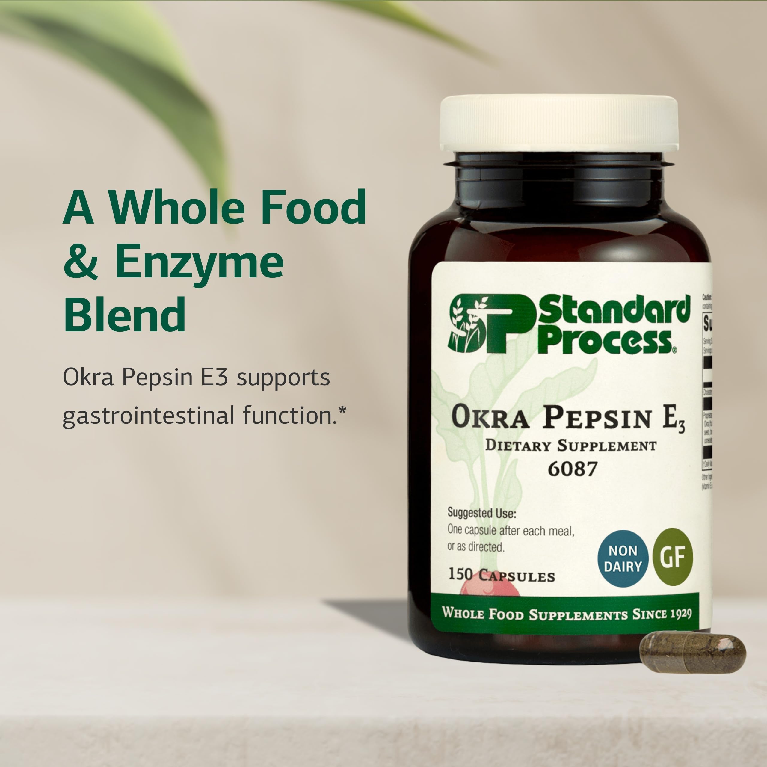 Standard Process Okra Pepsin E3 polvo y textura, destaca ingredientes vegetales y pureza