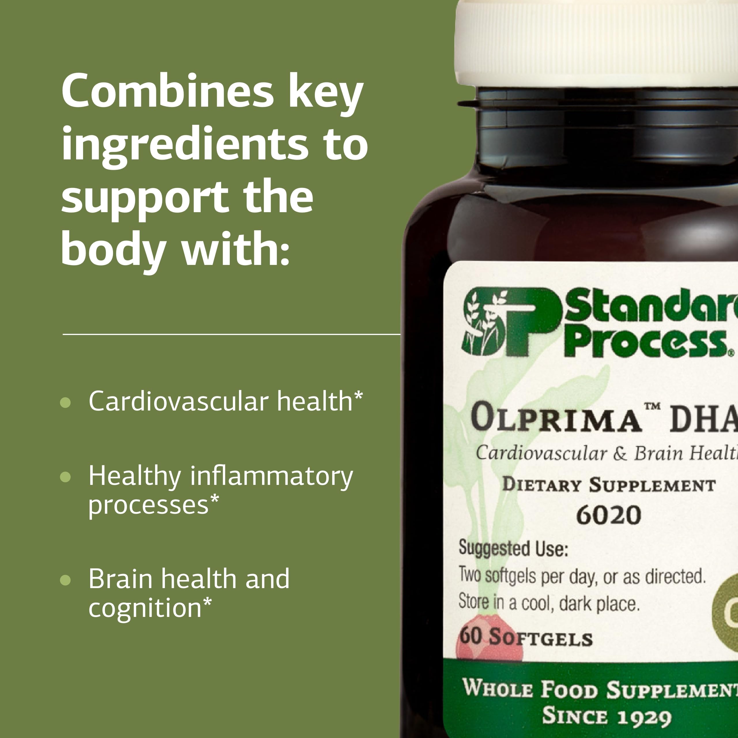 Standard Process Olprima DHA etiqueta con ingredientes y certificaciones claras