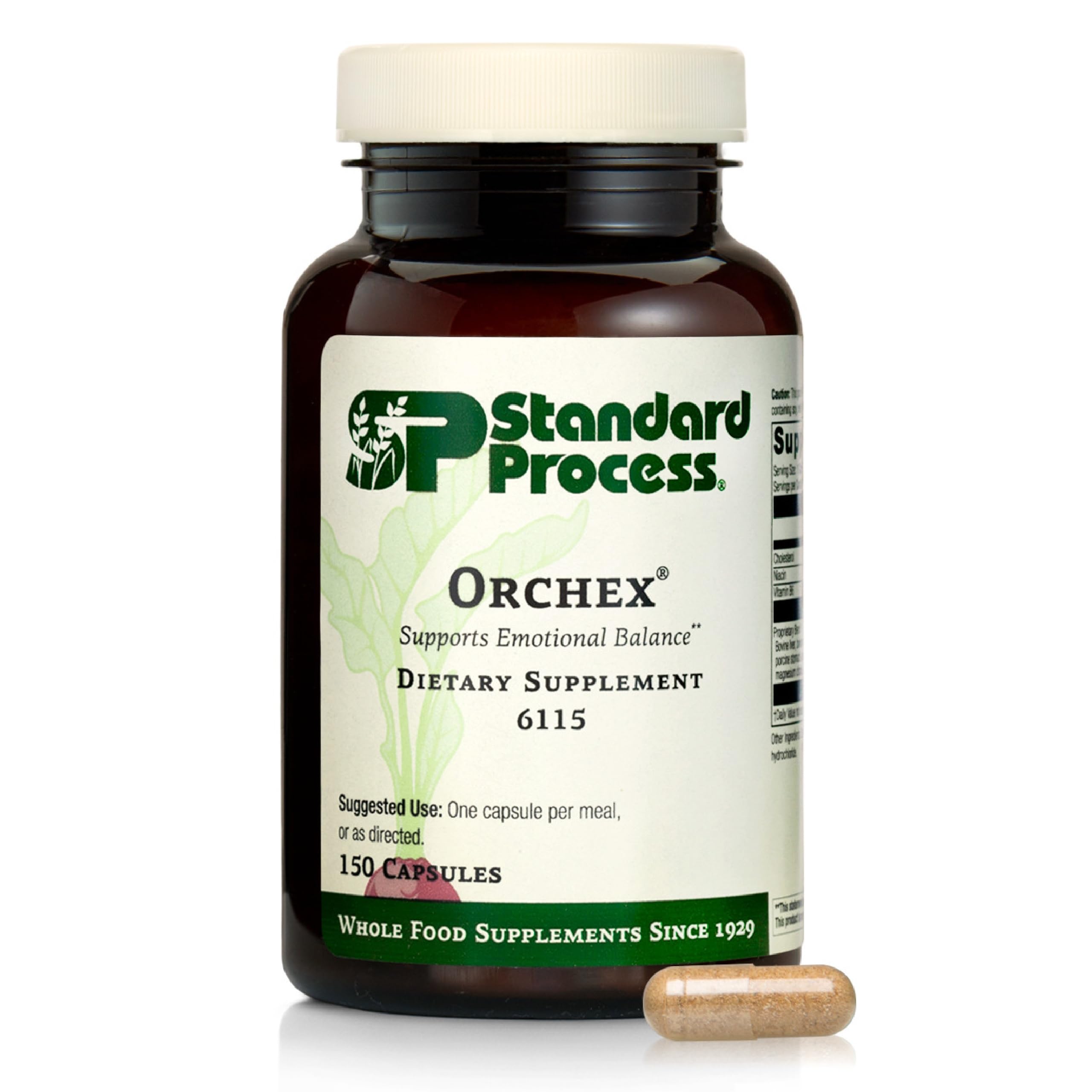 Standard Process botella frontal mostrando Orchex y apoyo emocional