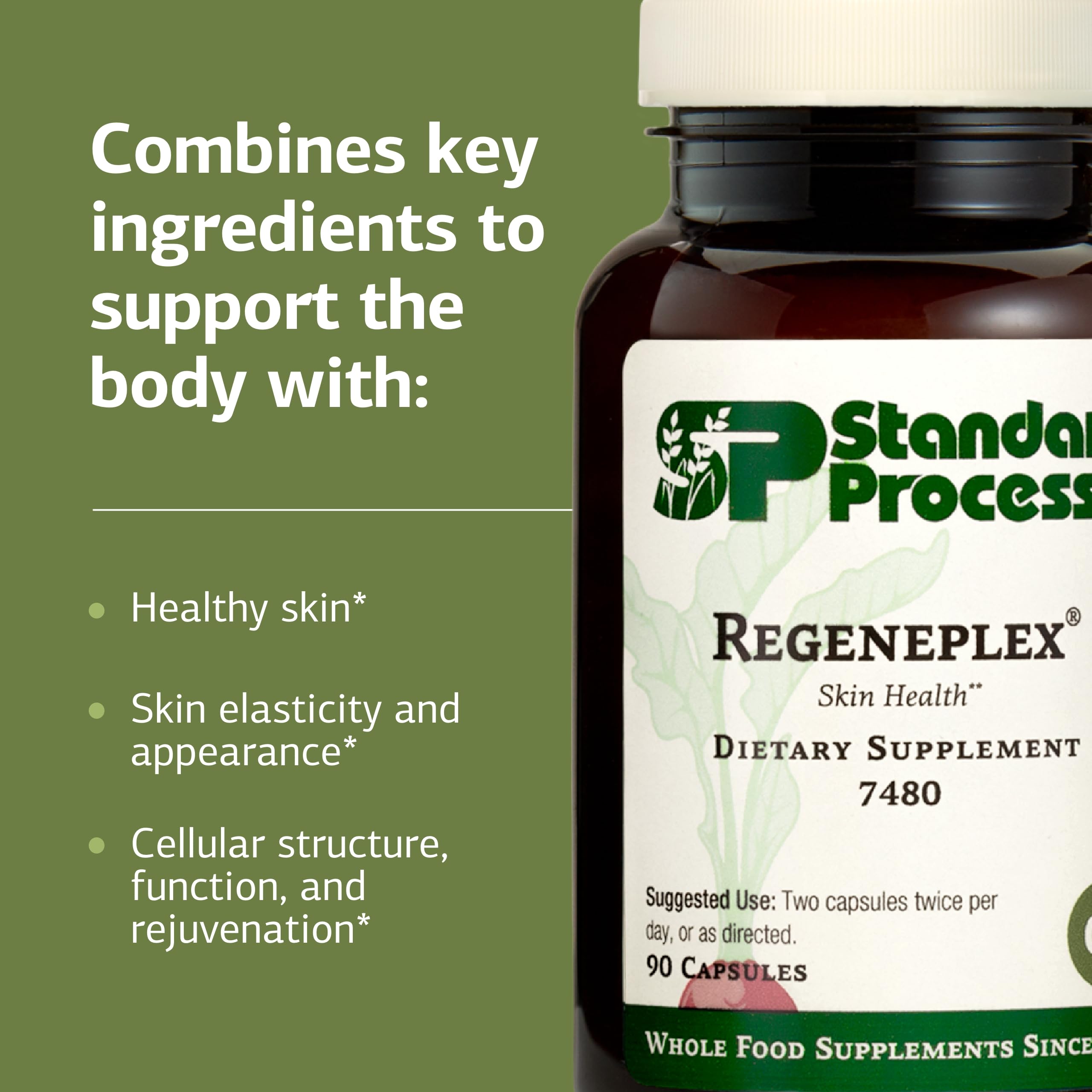 Standard Process botella en mano muestra escala y tamaño de las cápsulas