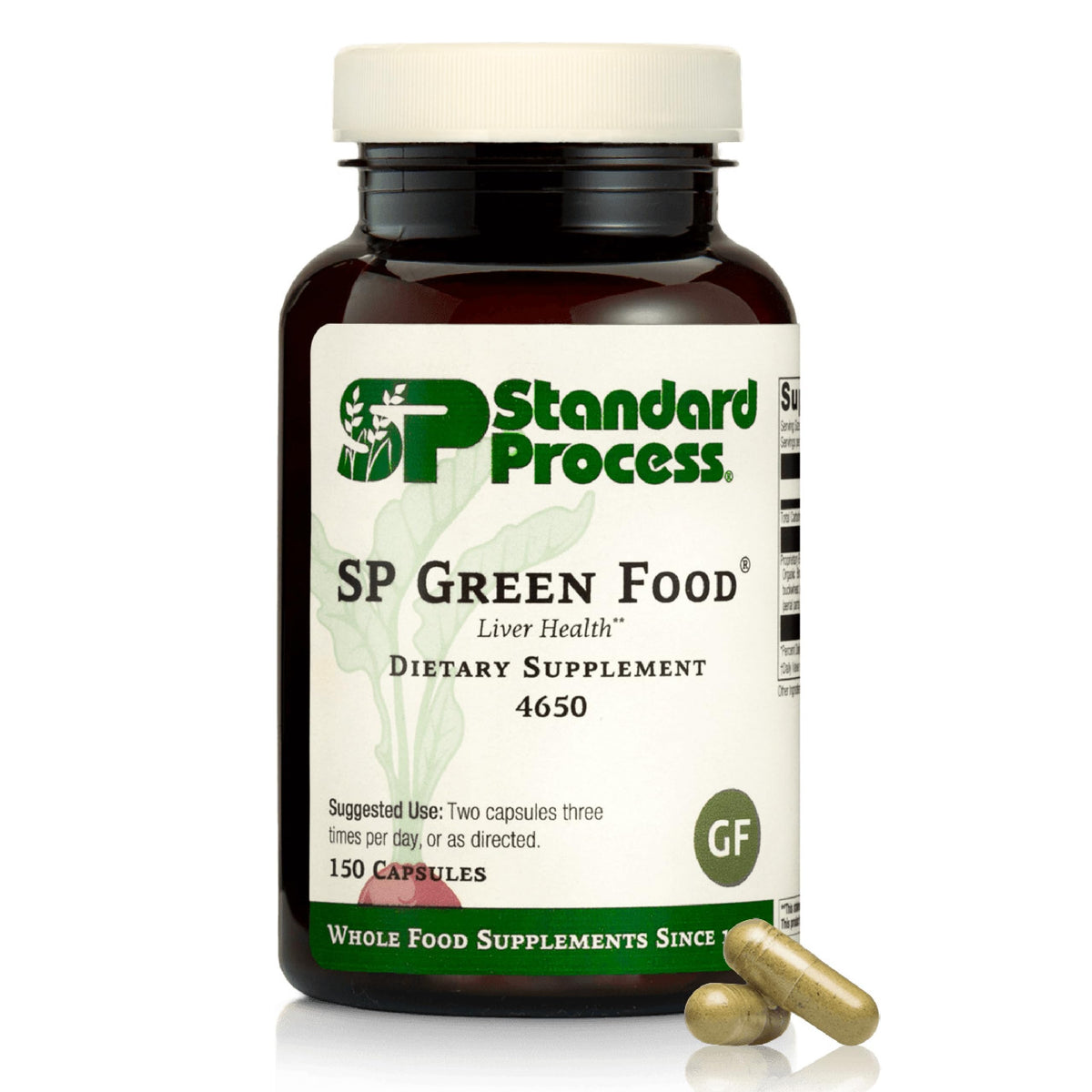 Standard Process frasco SP Green Food frontal mostrando la etiqueta y beneficio nutricional