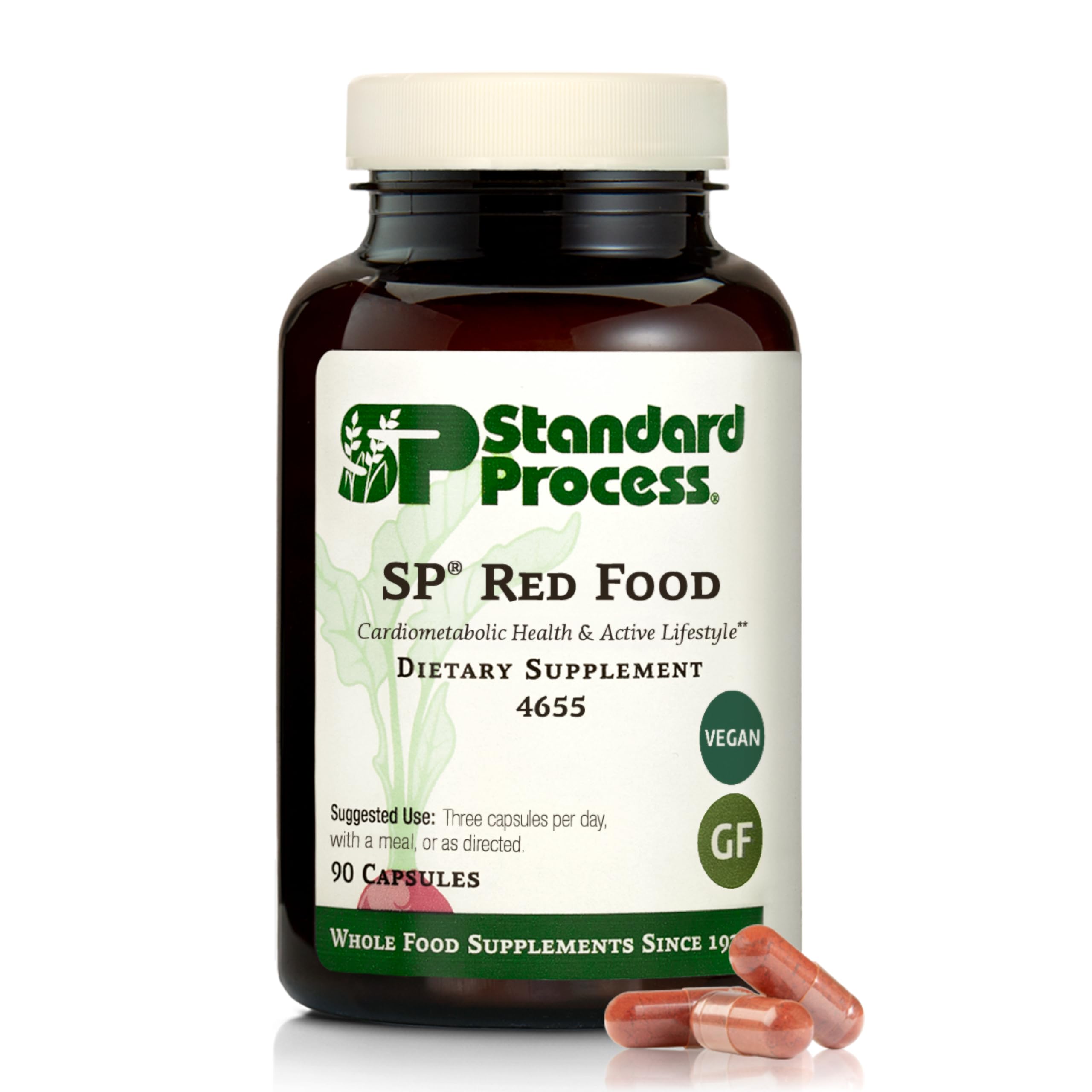Standard Process Inc. frasco frontal mostrando 90 cápsulas y beneficios