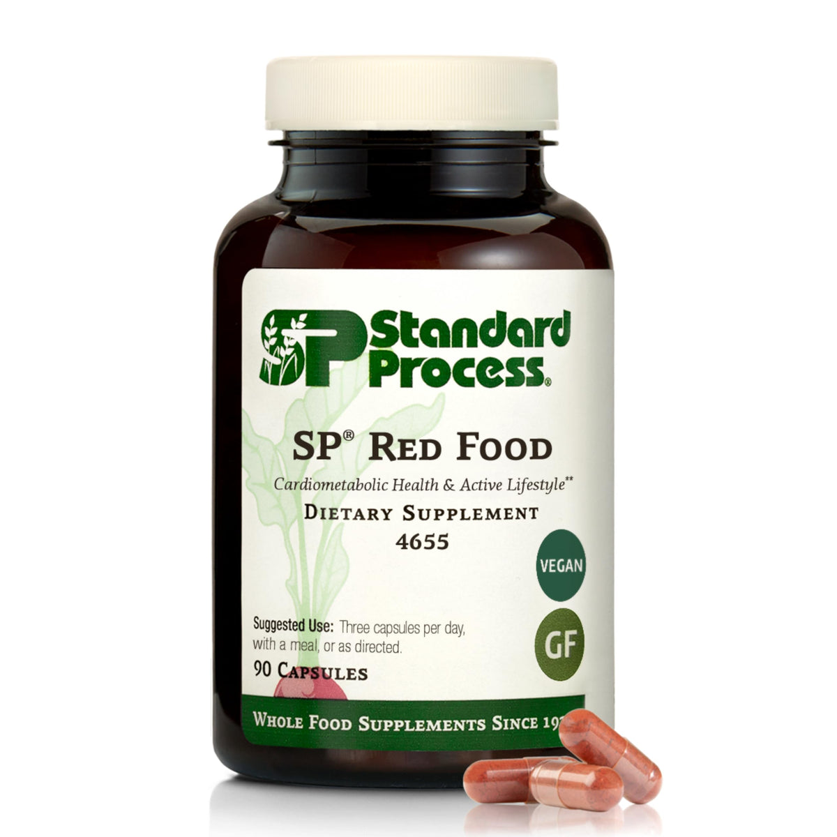 Standard Process Inc. frasco frontal mostrando 90 cápsulas y beneficios