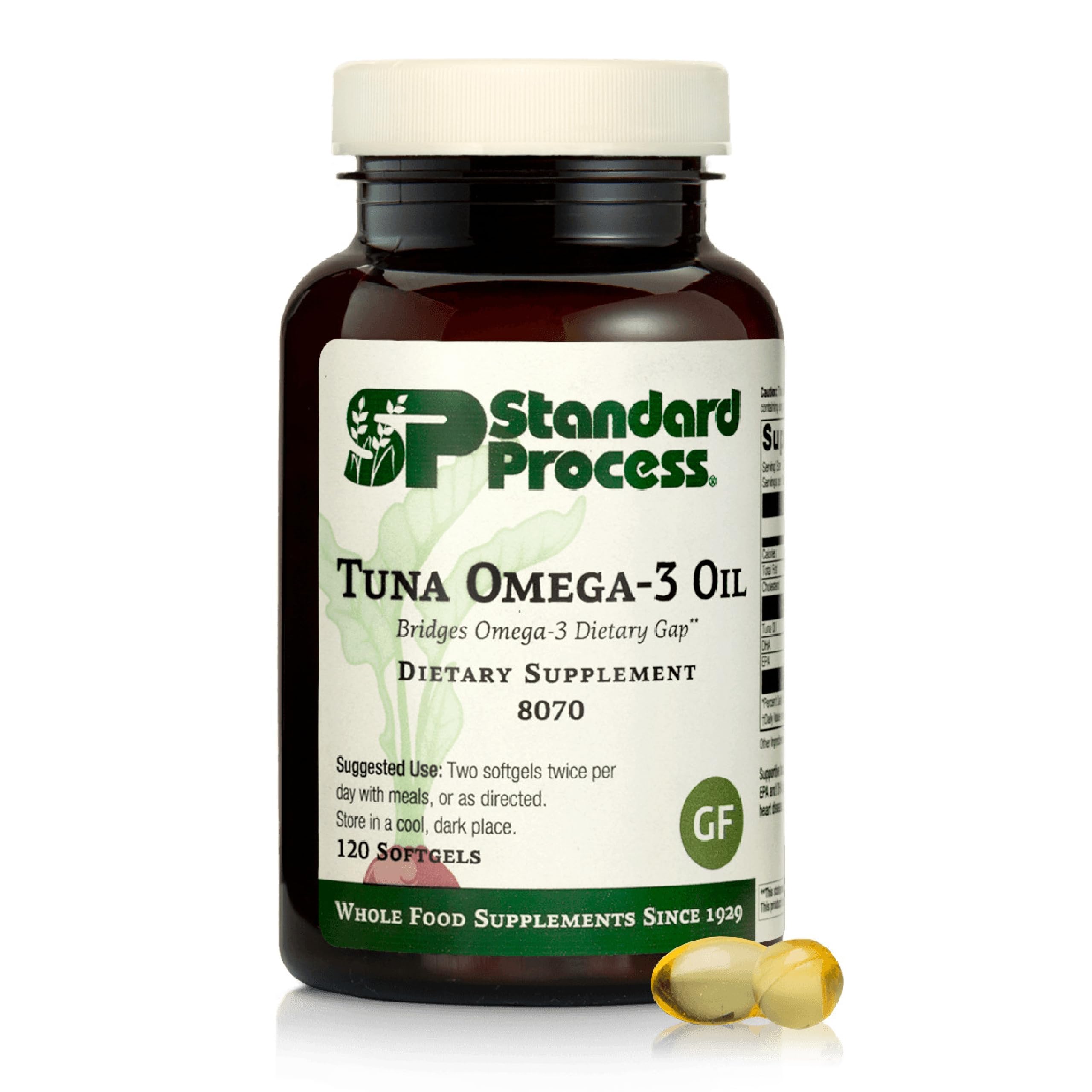 Standard Process envase frontal de Tuna Omega-3 Oil mostrando 120 softgels y beneficio práctico