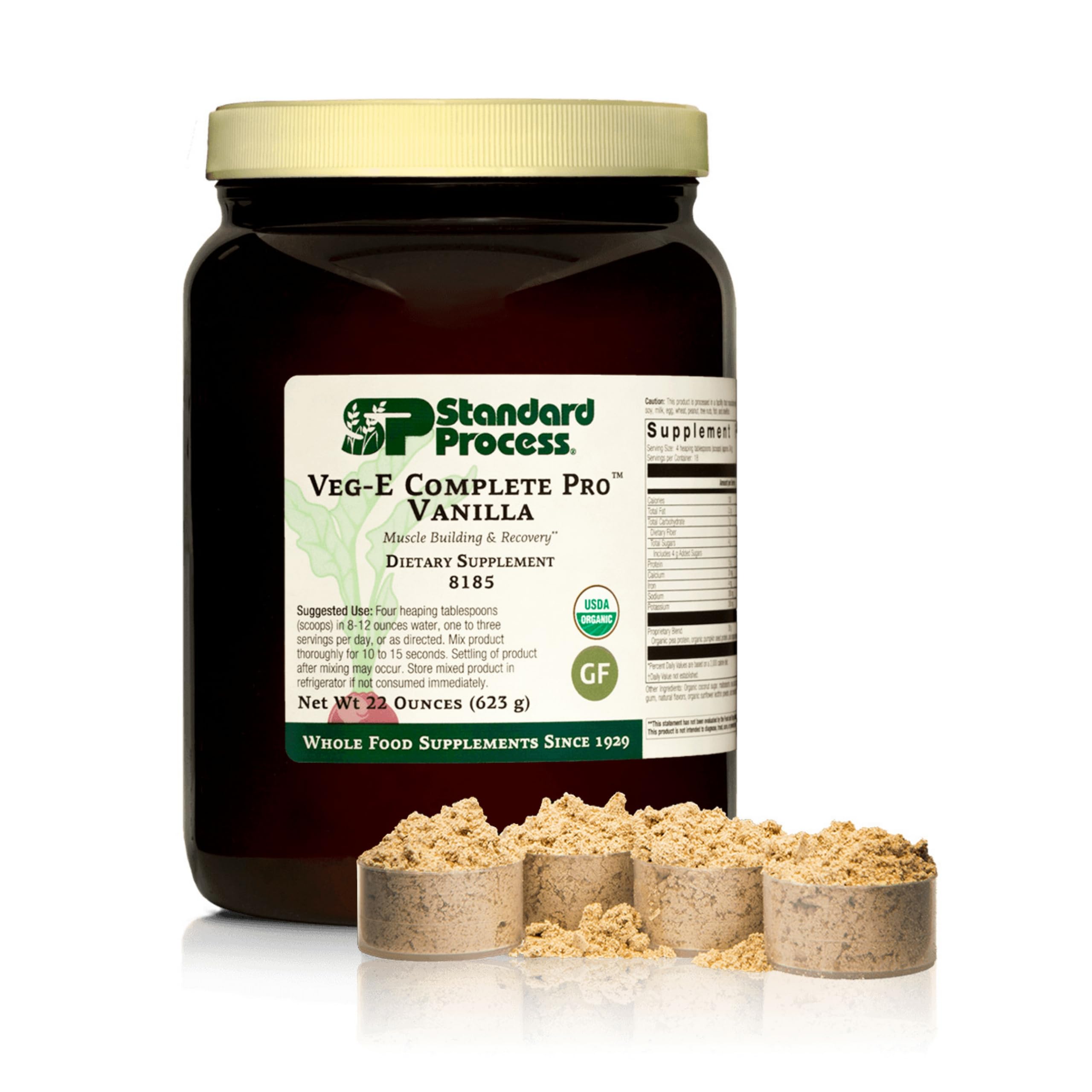 Standard Process envase frontal vainilla, beneficio sabor y proteína orgánica