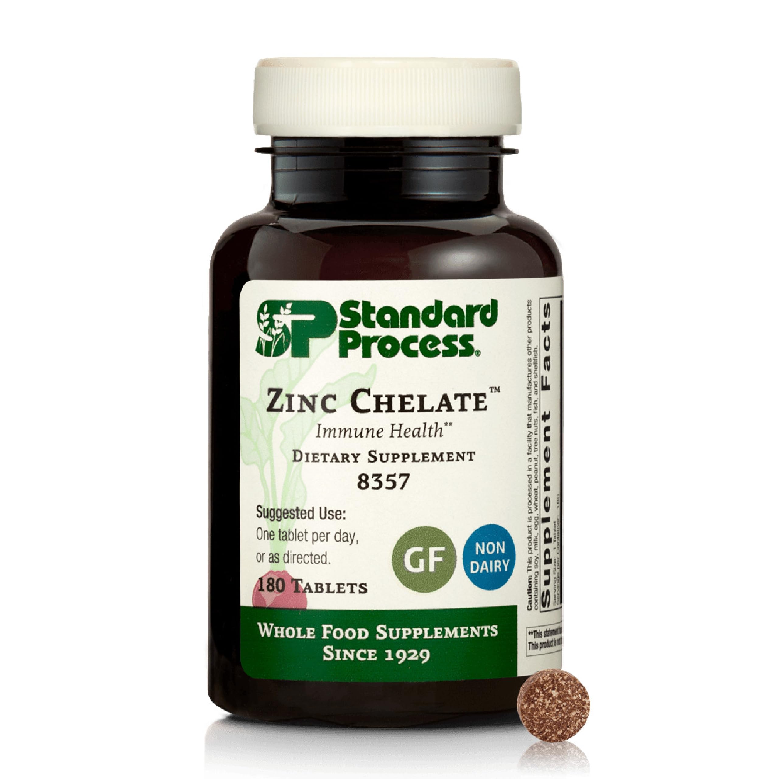 Standard Process Zinc Chelate vista frontal del envase mostrando 180 tabletas y beneficios claros