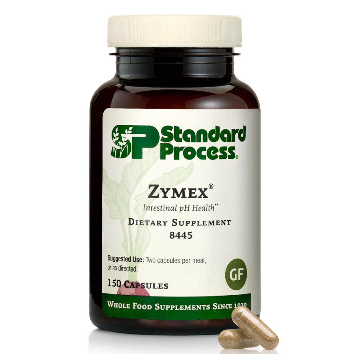 Standard Process Zymex vista frontal del envase mostrando 150 cápsulas y claridad de uso
