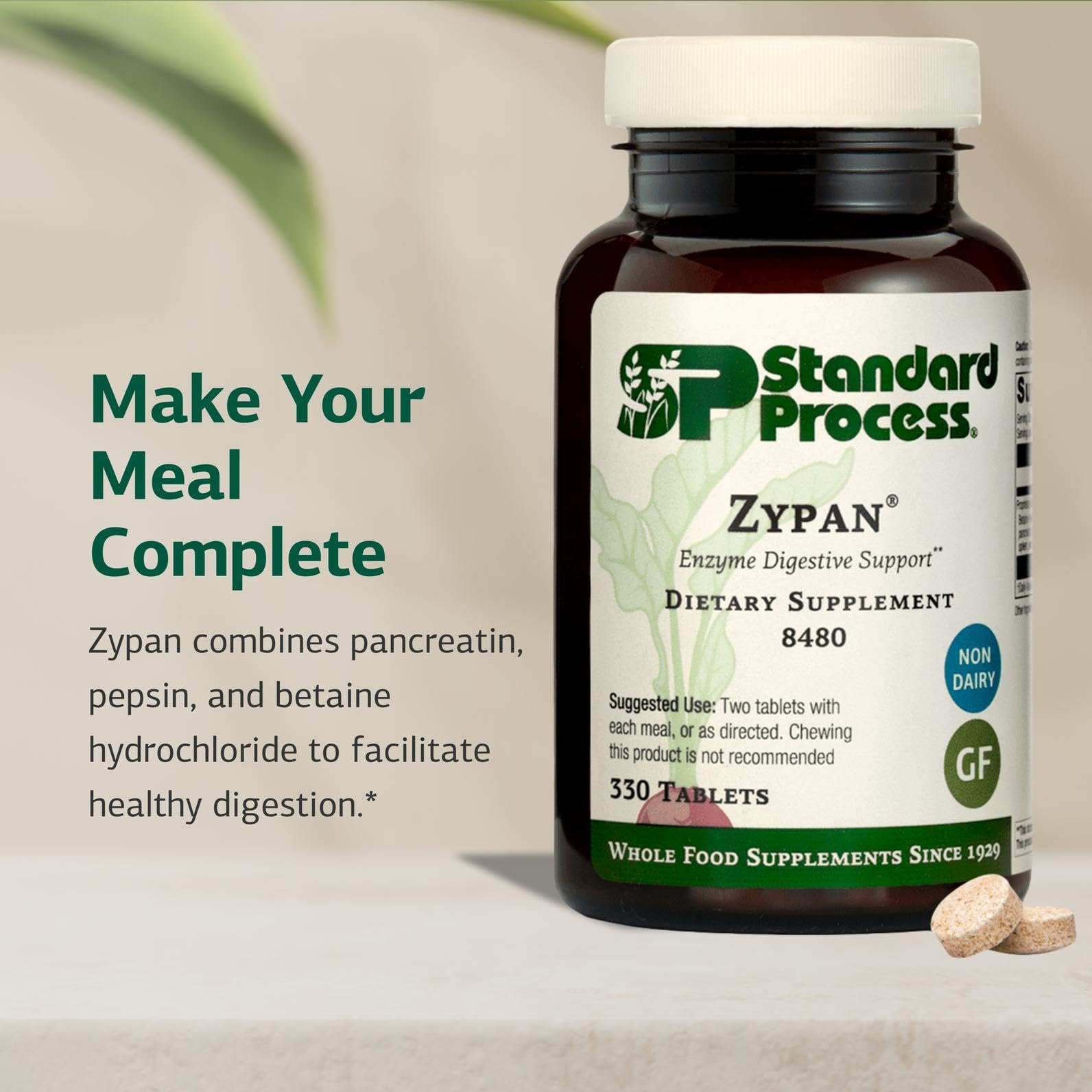 Standard Process Inc. tableta en mano para comparar tamaño y dosificación