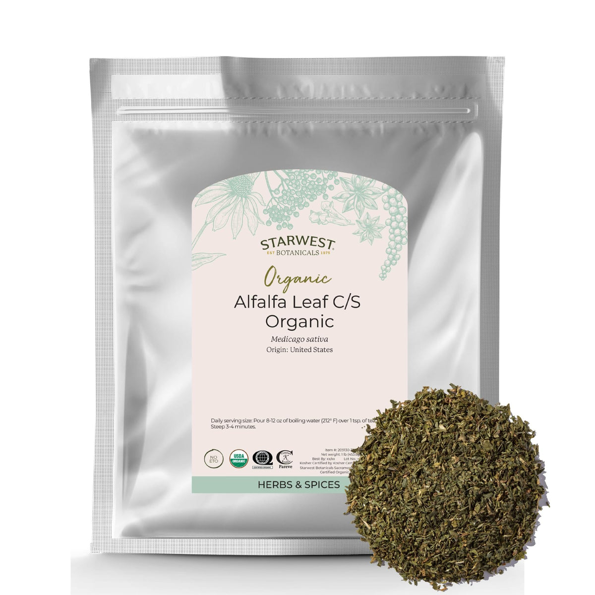 Starwest Botanicals paquete frontal de alfalfa orgánica, fácil almacenamiento
