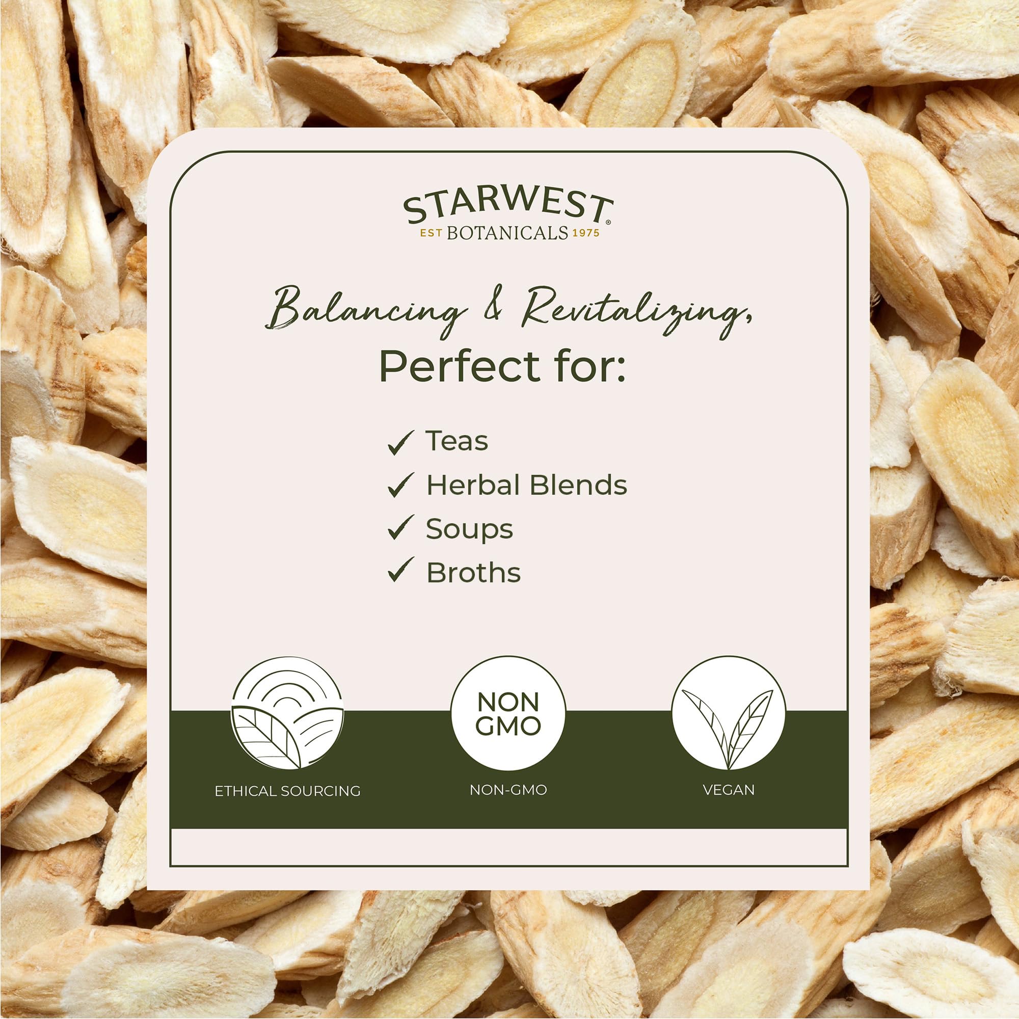 Starwest Botanicals cucharada de astrágalo lista para infusionar, práctico para tés y caldos