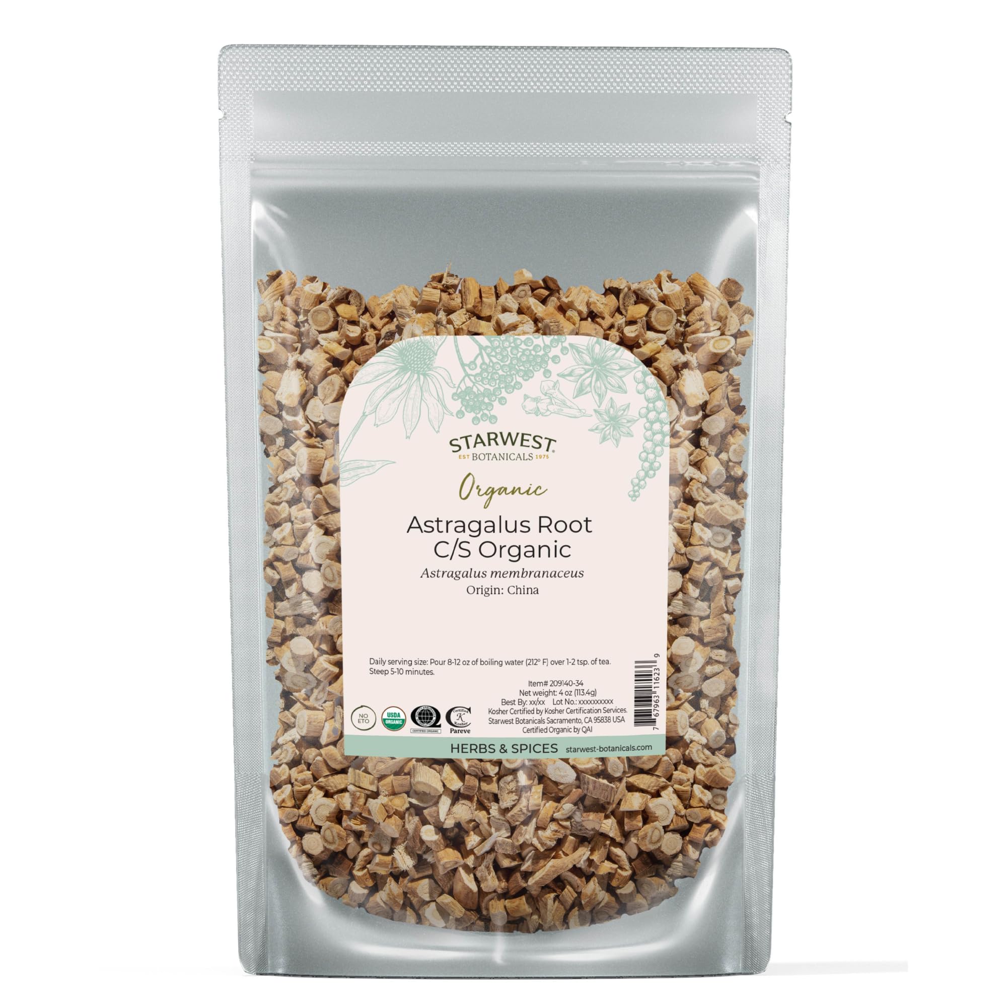 Starwest Botanicals empaque frontal visible, beneficio: claridad de certificaciones