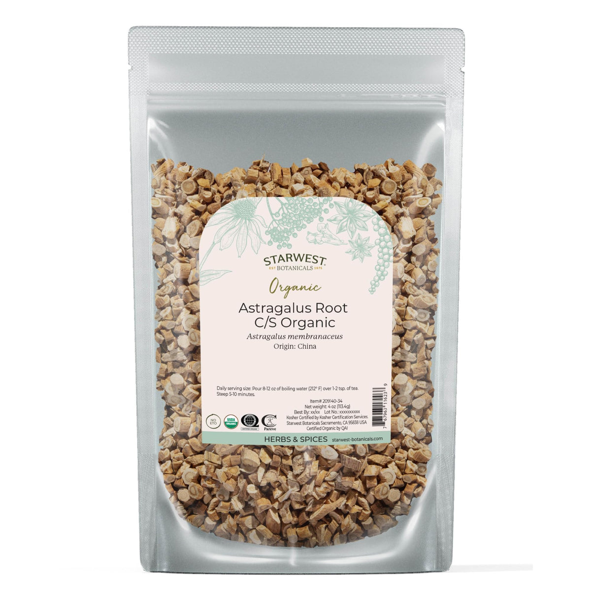 Starwest Botanicals empaque frontal visible, beneficio: claridad de certificaciones