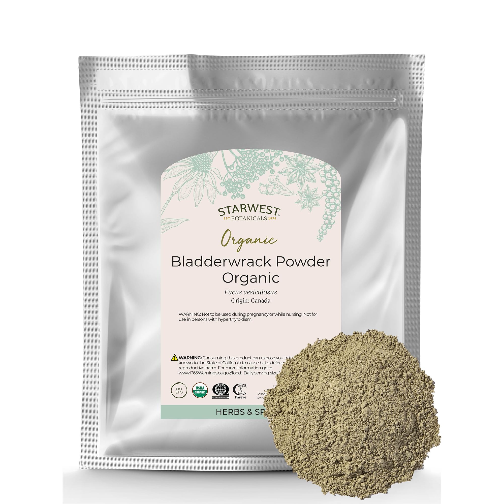 Starwest Botanicals frontal de bolsa de 1 lb mostrando polvo de bladderwrack y marca