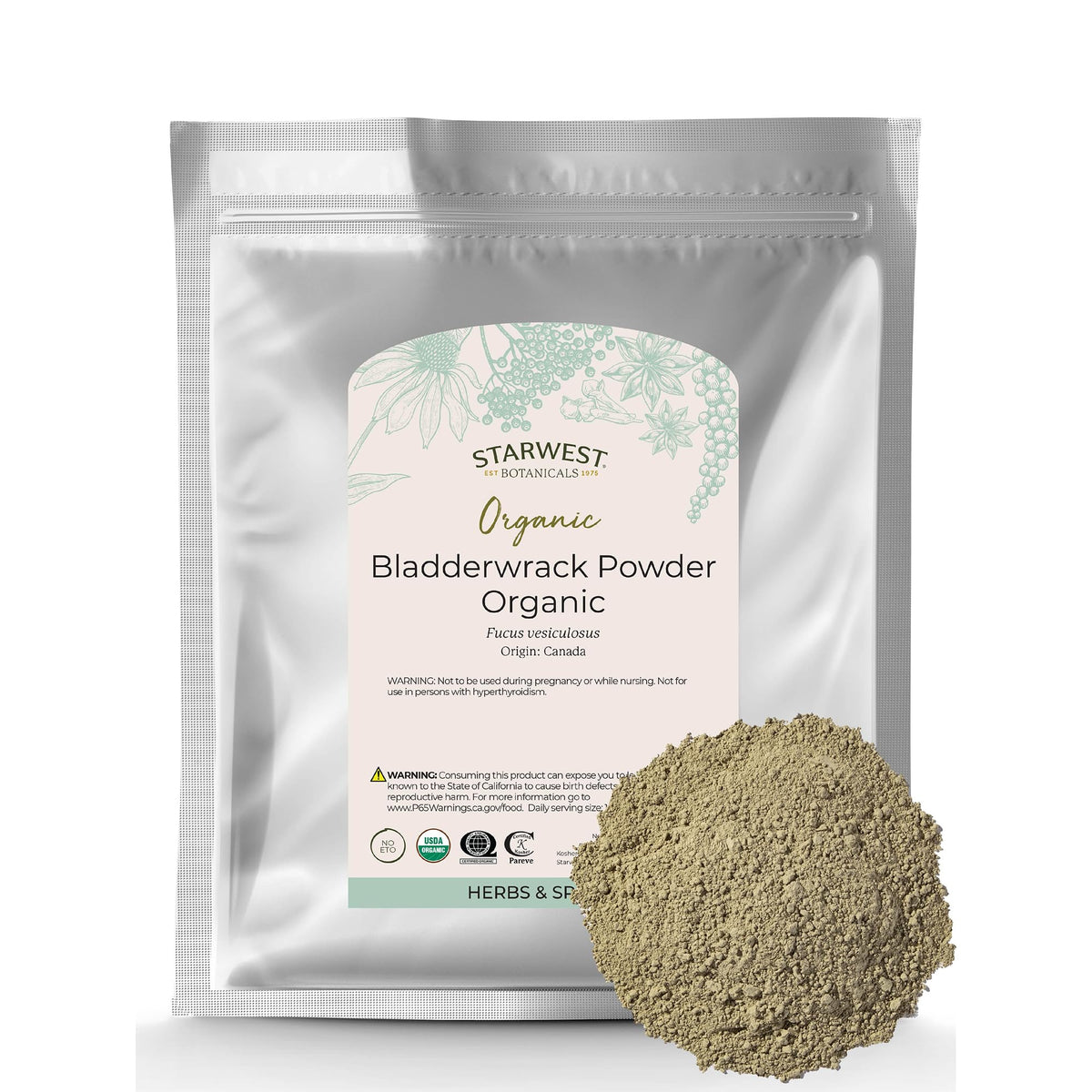 Starwest Botanicals frontal de bolsa de 1 lb mostrando polvo de bladderwrack y marca