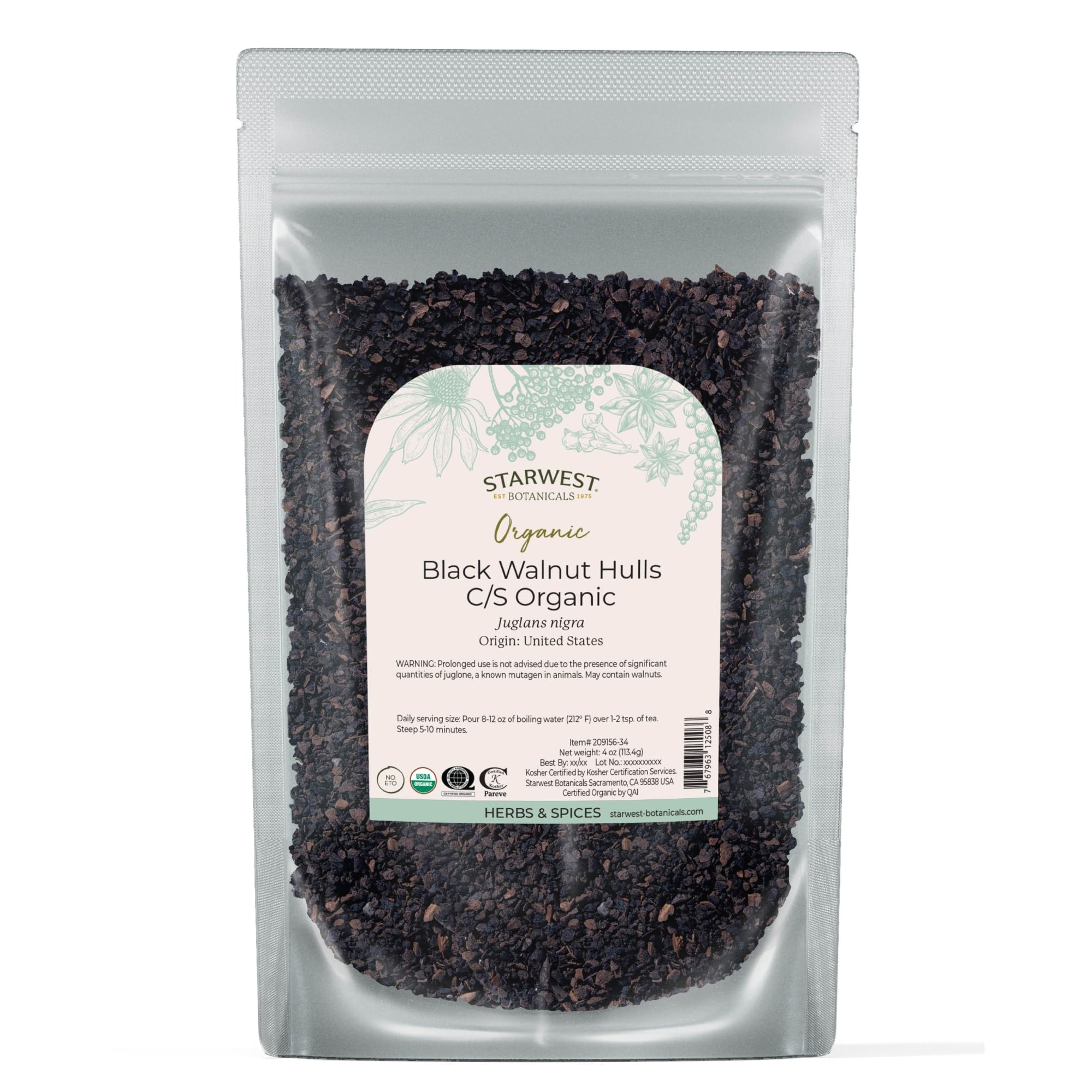 Starwest Botanicals bolsa frontal mostrando cáscara de nogal negro orgánica y tamaño 4 oz