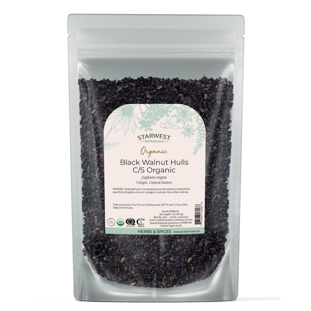 Starwest Botanicals bolsa frontal mostrando cáscara de nogal negro orgánica y tamaño 4 oz