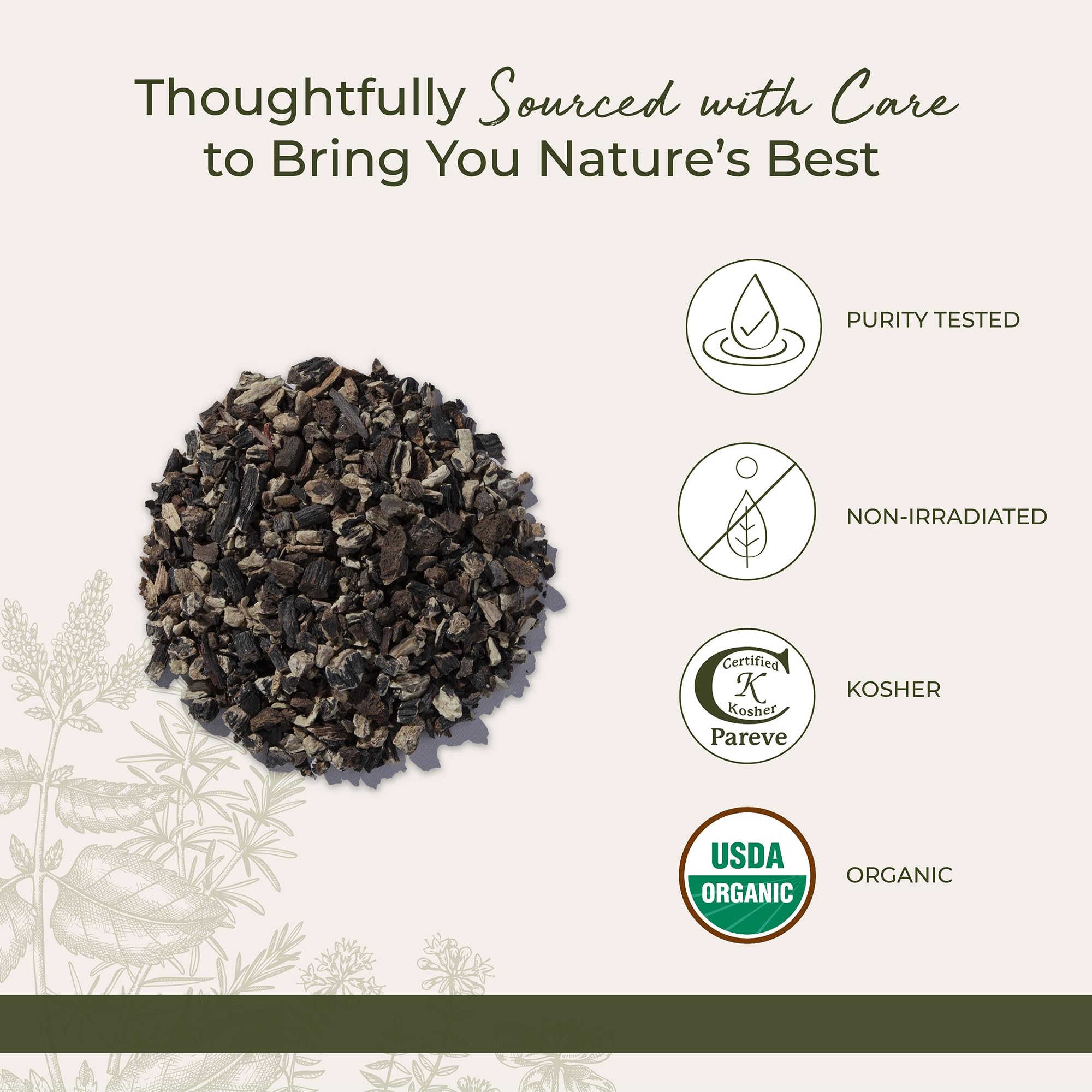 Starwest Botanicals raíz de consuelda junto a regla para comparar tamaño y porción