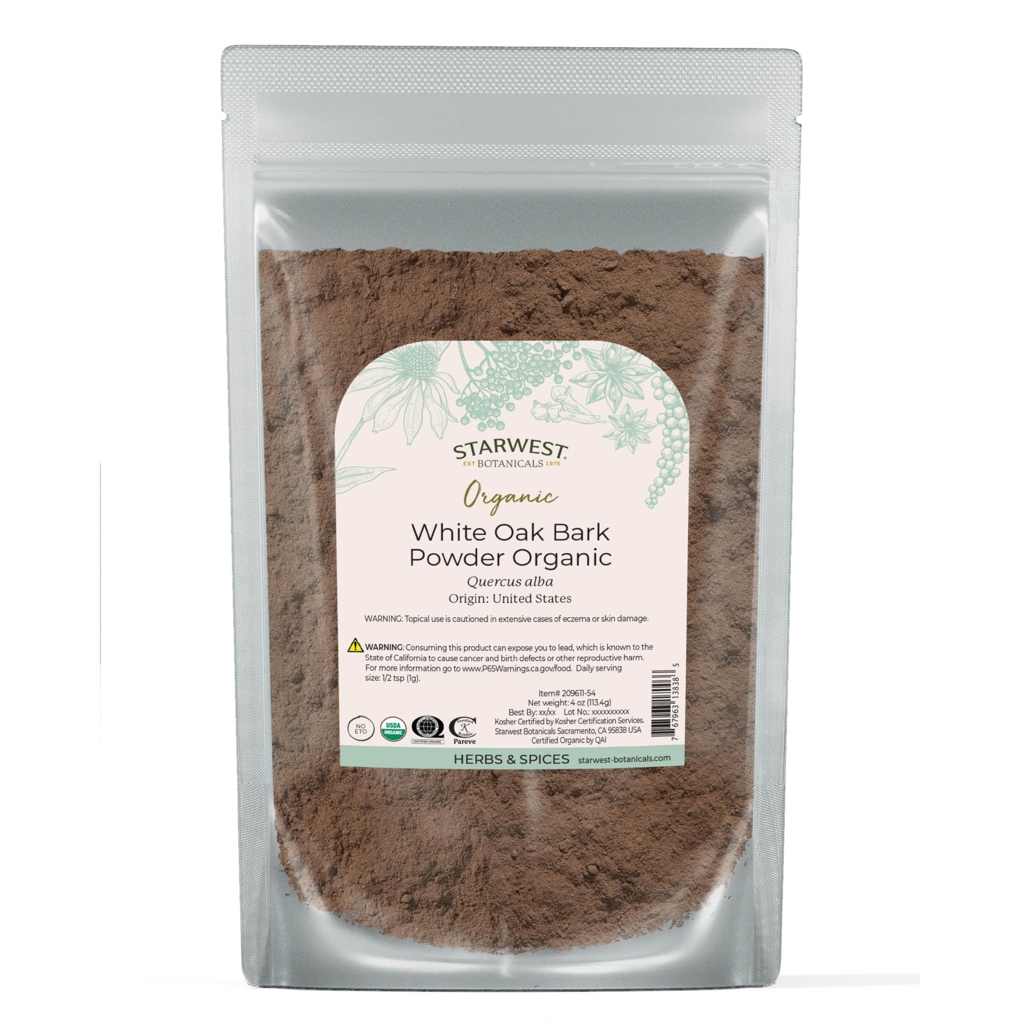 Starwest Botanicals bolsa frontal mostrando corteza de roble blanco orgánica y conveniente