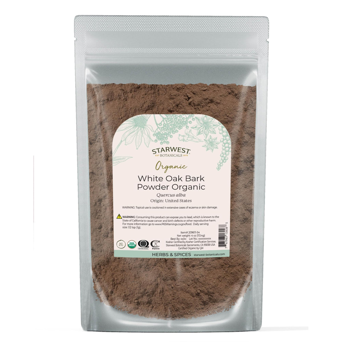 Starwest Botanicals bolsa frontal mostrando corteza de roble blanco orgánica y conveniente