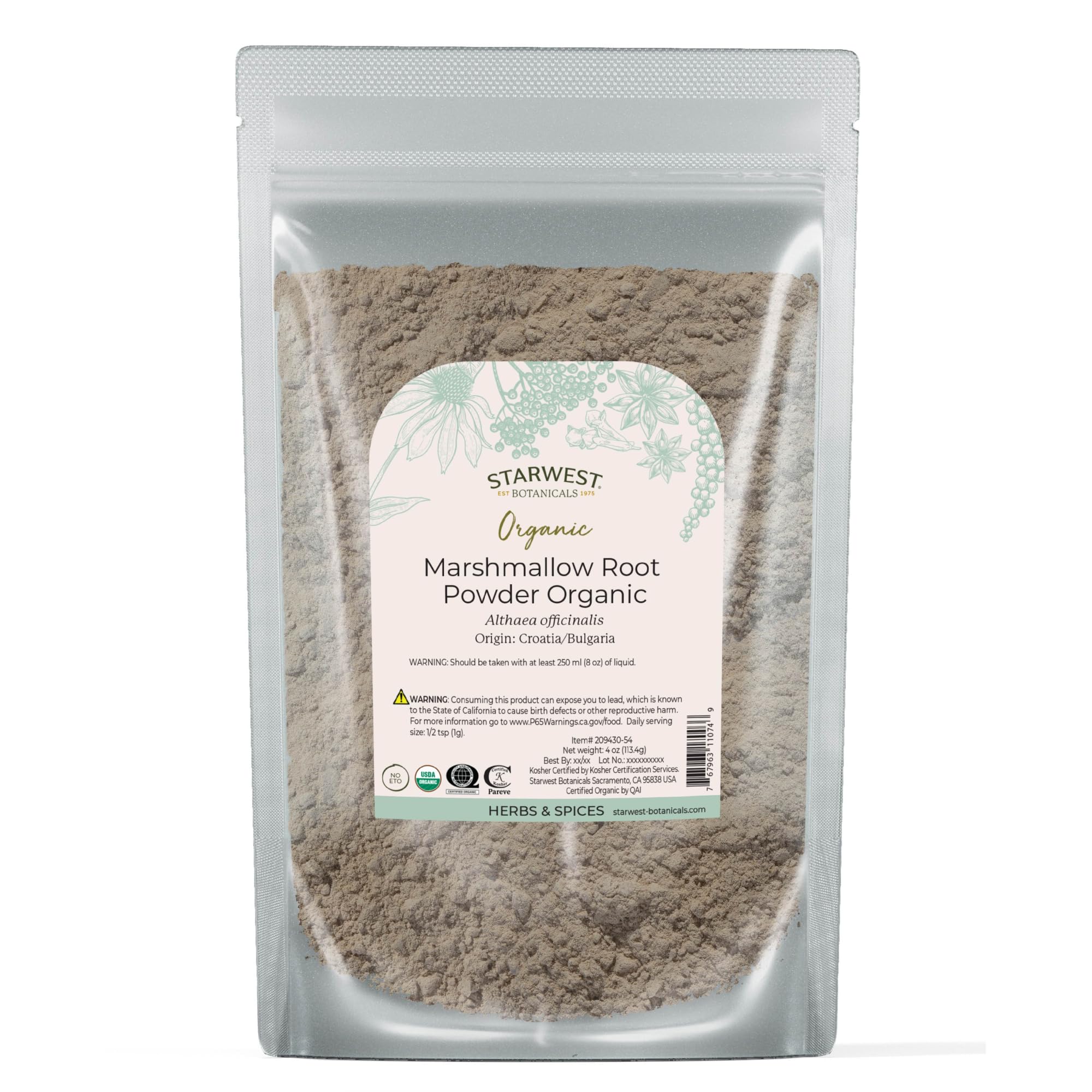 Starwest Botanicals frente del sobre mostrando empaque orgánico y fácil uso