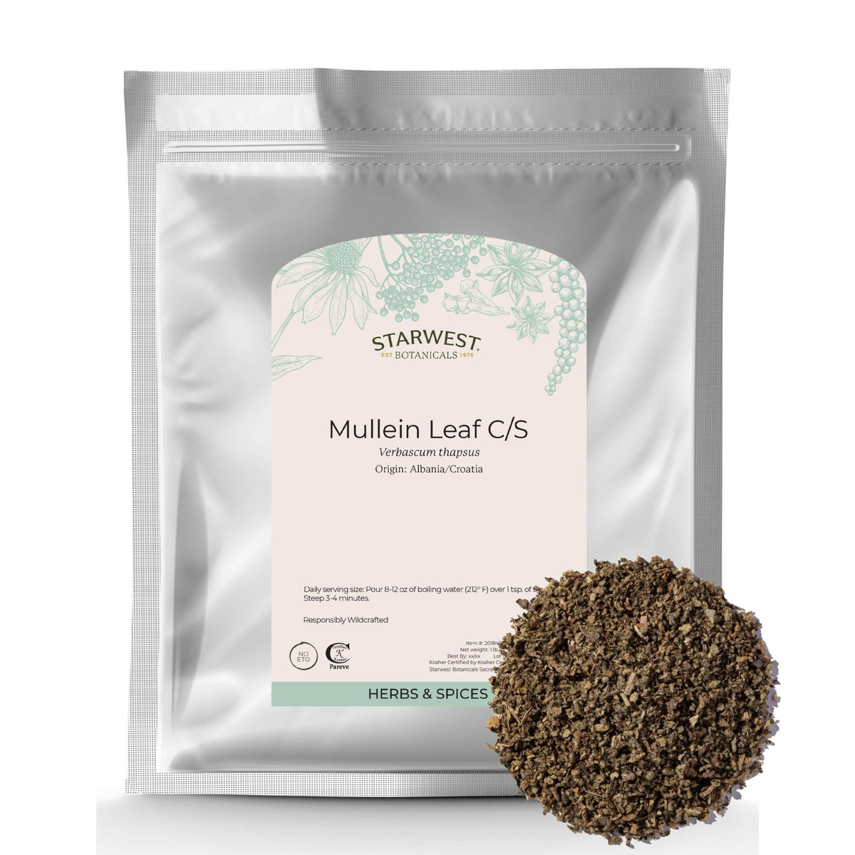 Starwest Botanicals empaque frontal de gordolobo mostrando presentación y peso