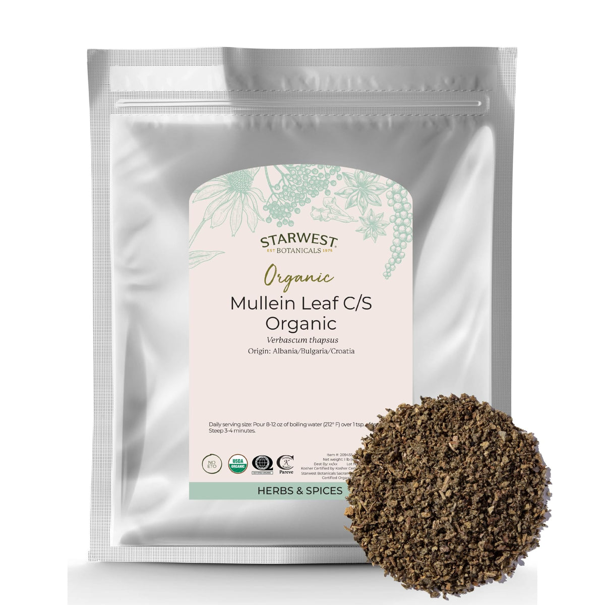 Starwest Botanicals bolsa frontal mostrando hojas orgánicas y sellos de calidad