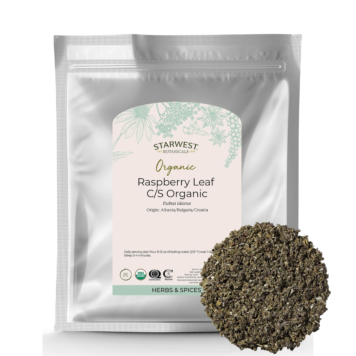 Starwest Botanicals paquete frontal de hojas de frambuesa con aspecto natural y confianza