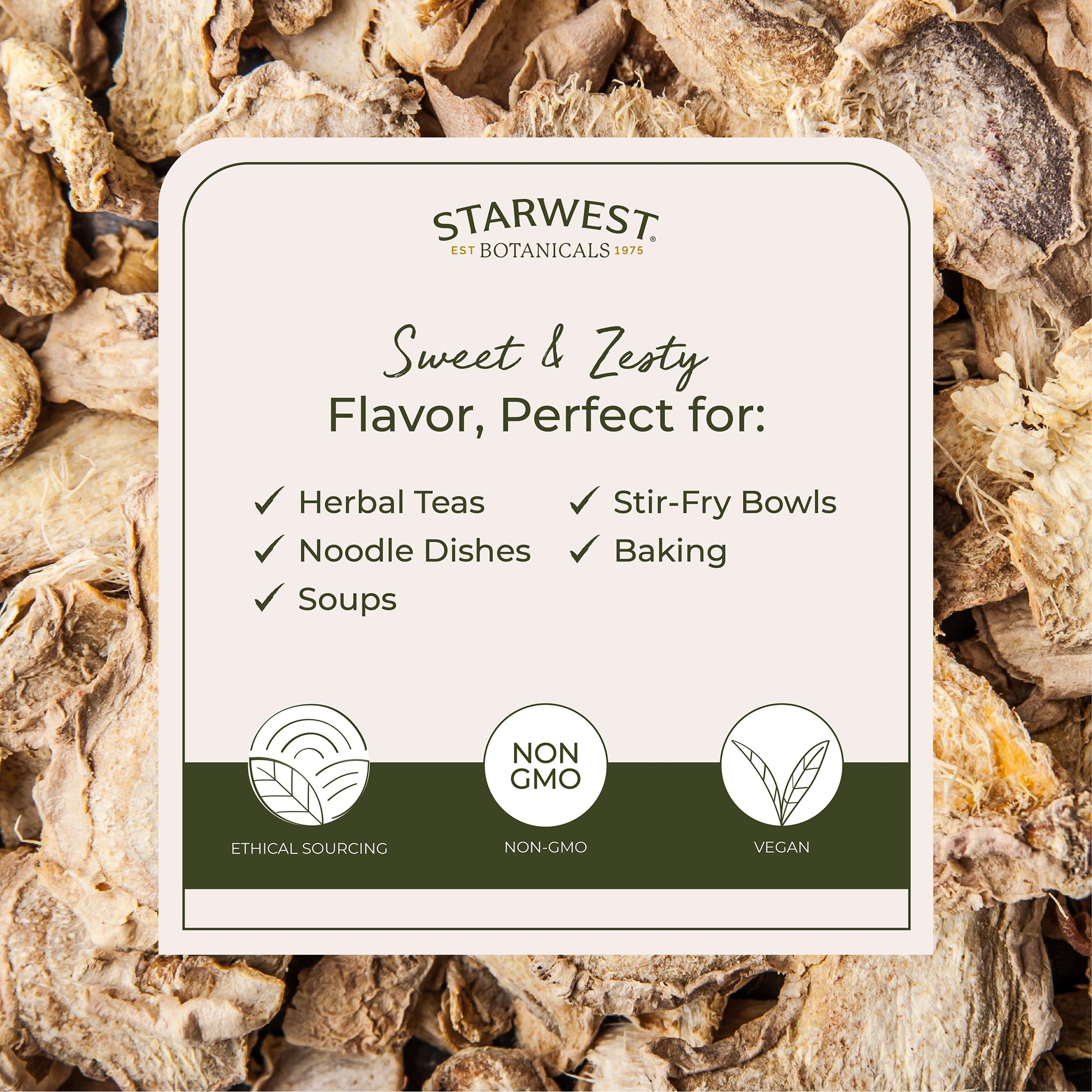 Starwest Botanicals jengibre en cuchara para dosificar y facilitar recetas