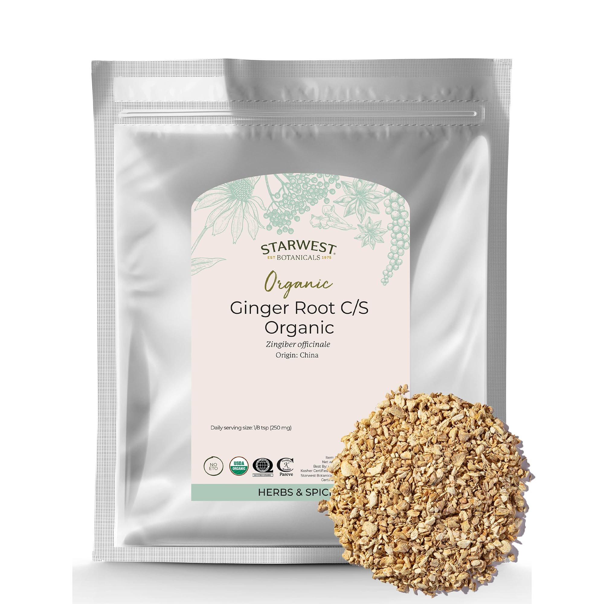 Starwest Botanicals paquete frontal mostrando jengibre seco y beneficios de almacenamiento