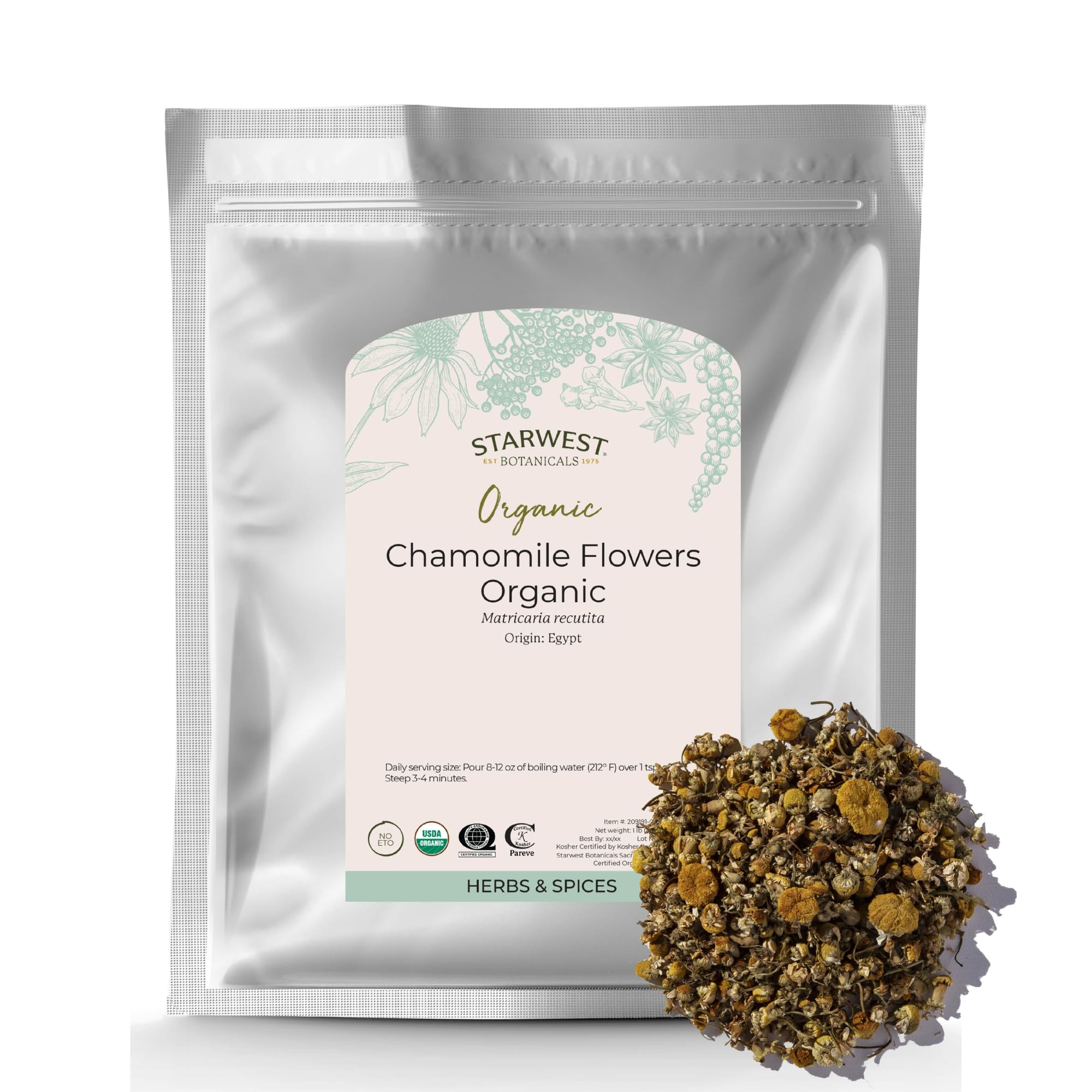 Starwest Botanicals empaque frontal de manzanilla orgánica, visual claro y profesional
