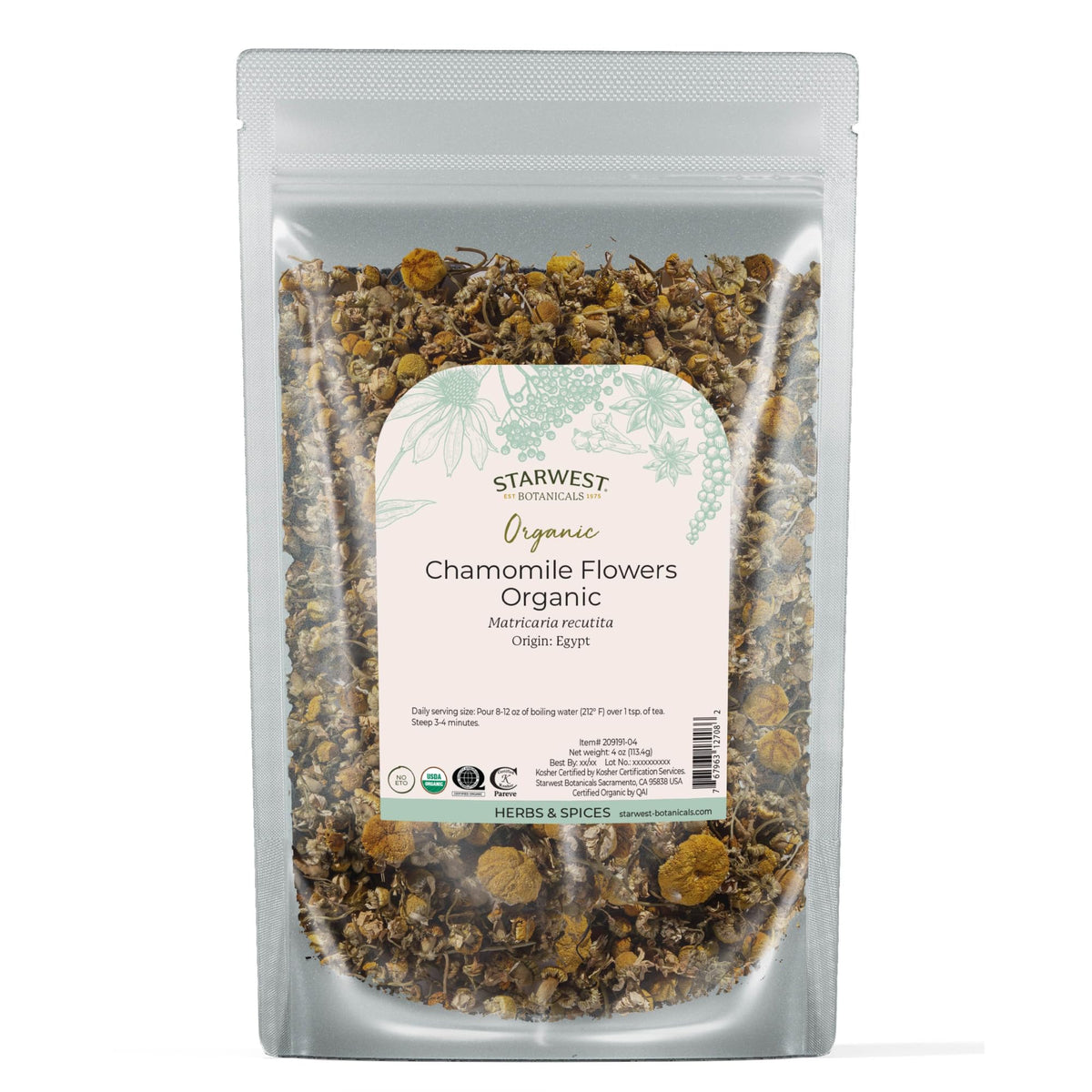 Starwest Botanicals empaque frontal de manzanilla orgánica, clara y fácil de almacenar