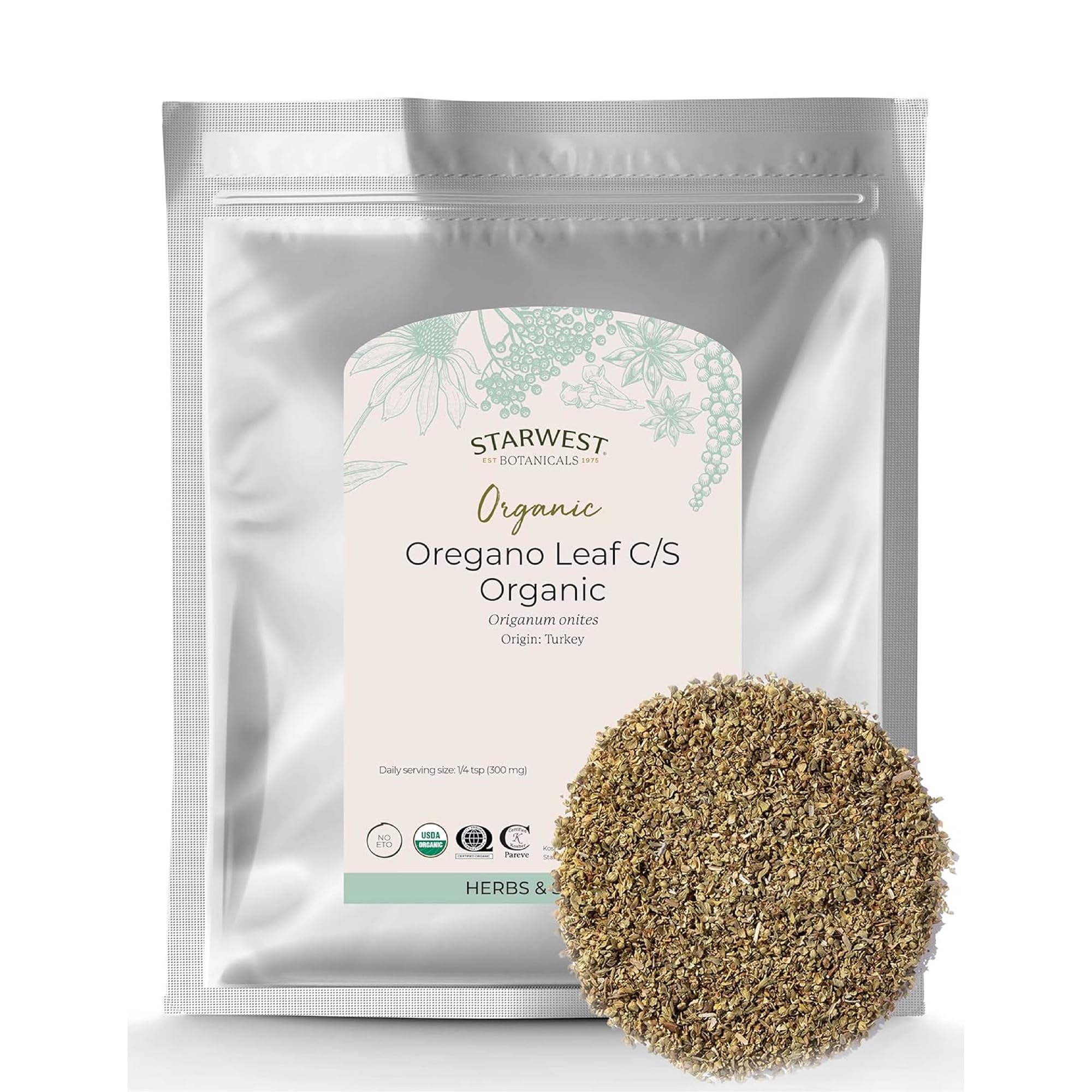 Starwest Botanicals empaque frontal de orégano orgánico mostrando bolsa y marca Beneficio: compra a granel