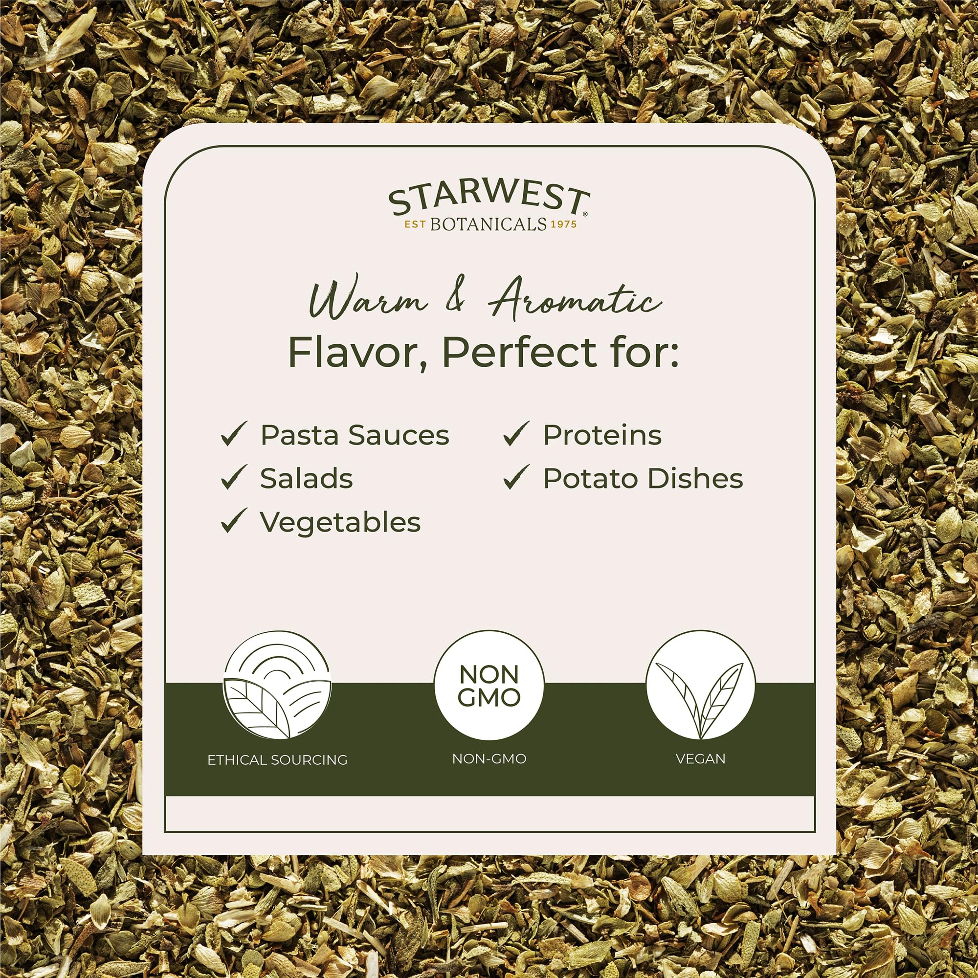 Starwest Botanicals orégano espolvoreado sobre pizza casera Beneficio: realza sabor mediterráneo