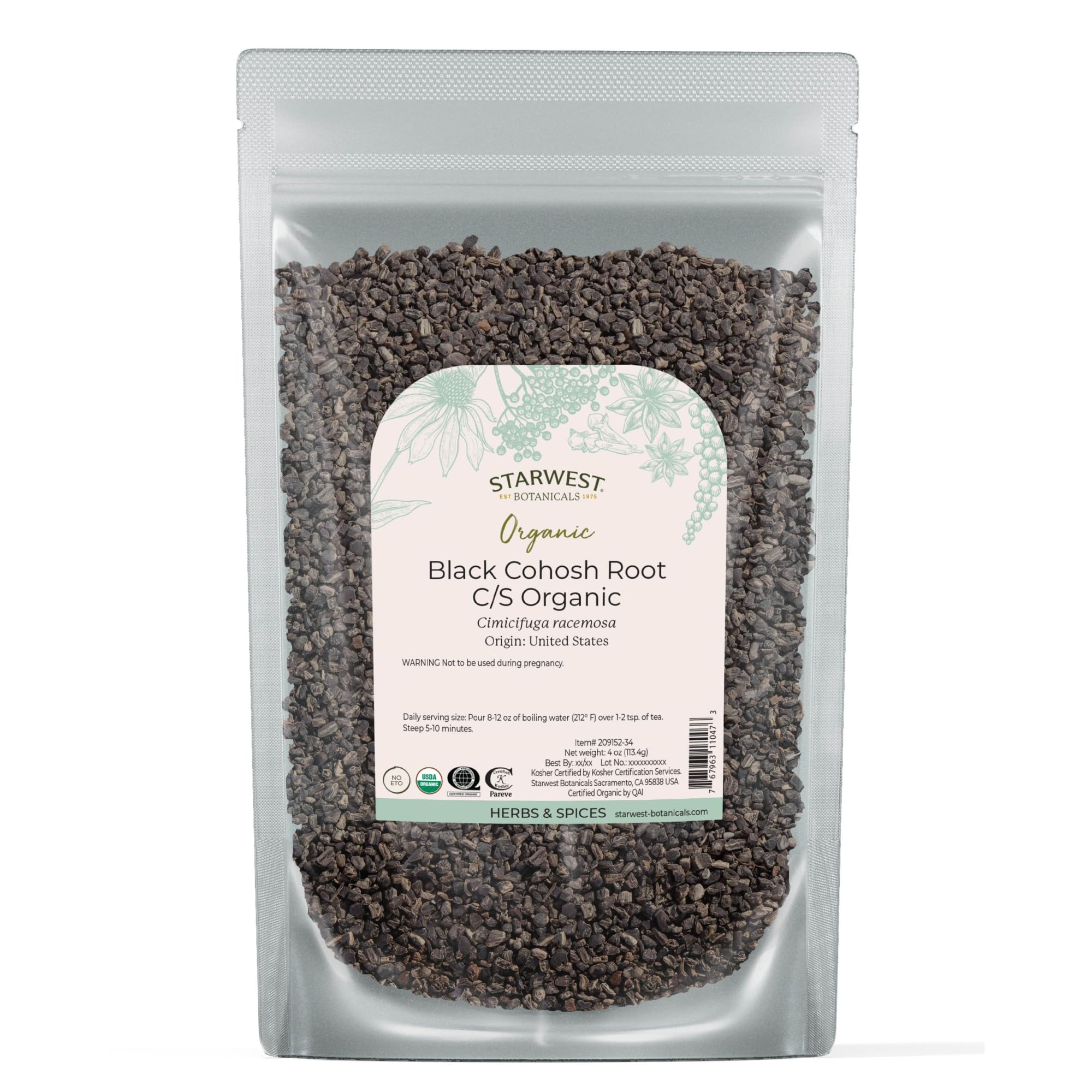 Starwest Botanicals frontal del paquete mostrando 4 oz y beneficios orgánicos