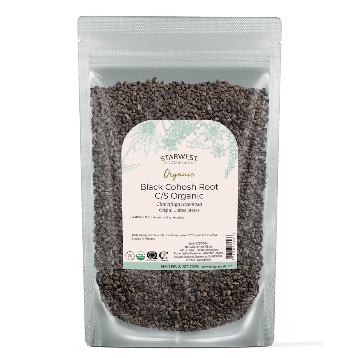 Starwest Botanicals frontal del paquete mostrando 4 oz y beneficios orgánicos