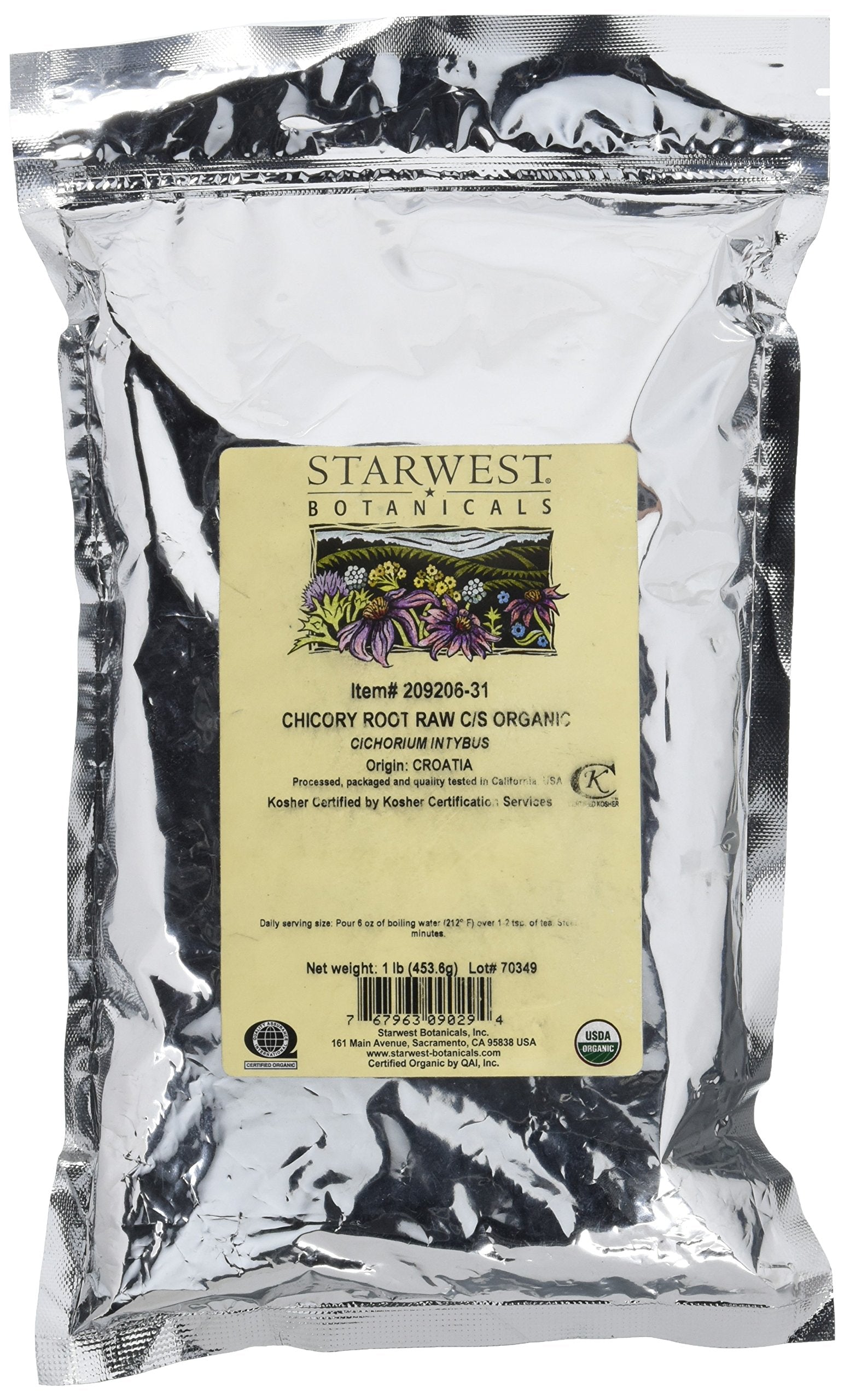 Starwest Botanicals paquete frontal de raíz de achicoria orgánica mostrando sello USDA y beneficio de conservación