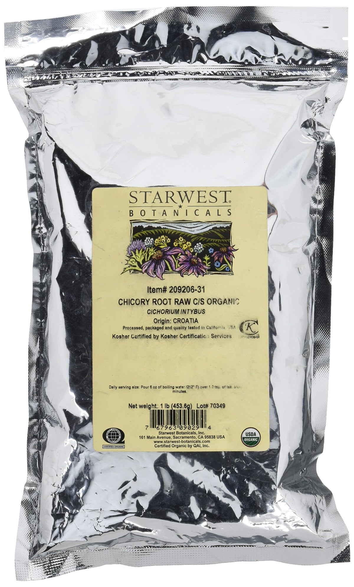 Starwest Botanicals paquete frontal de raíz de achicoria orgánica mostrando sello USDA y beneficio de conservación