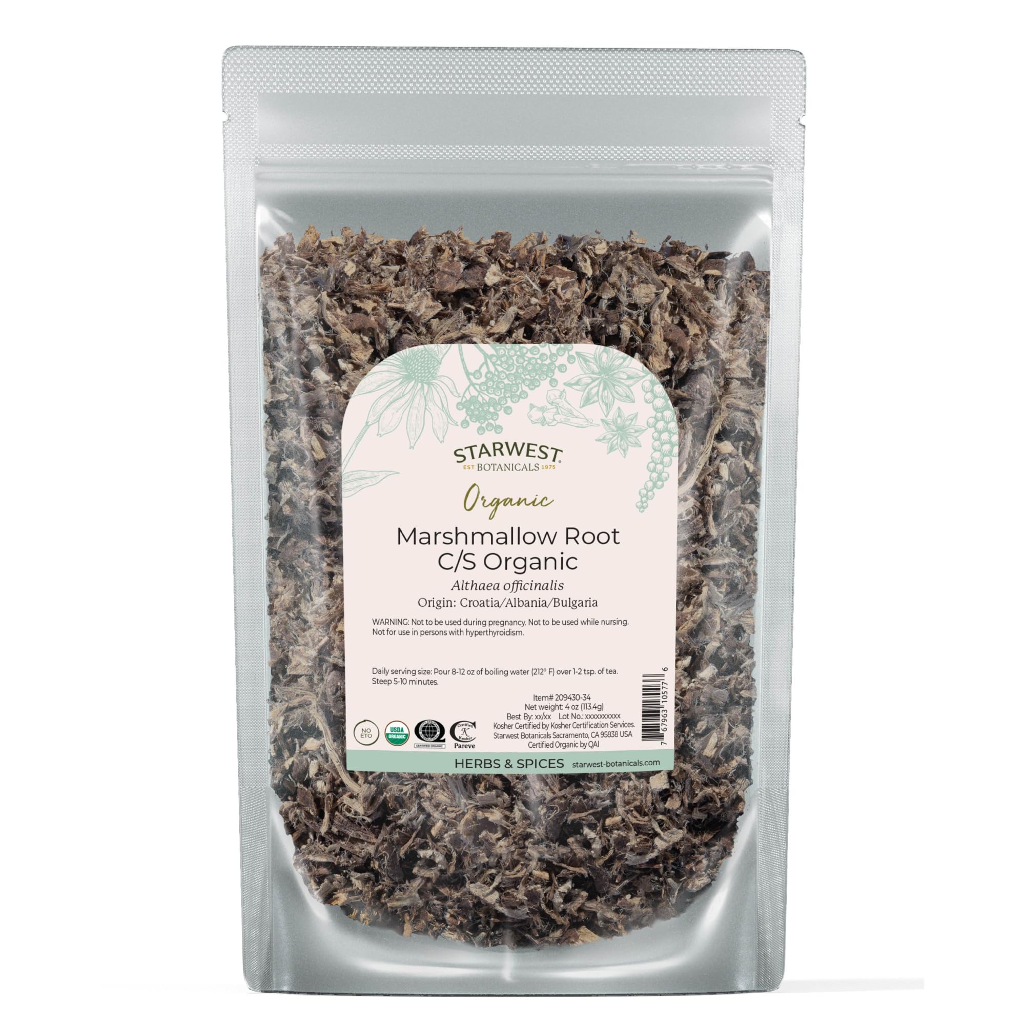 Starwest Botanicals paquete frontal con raíz de malvavisco orgánica mostrando beneficio de pureza