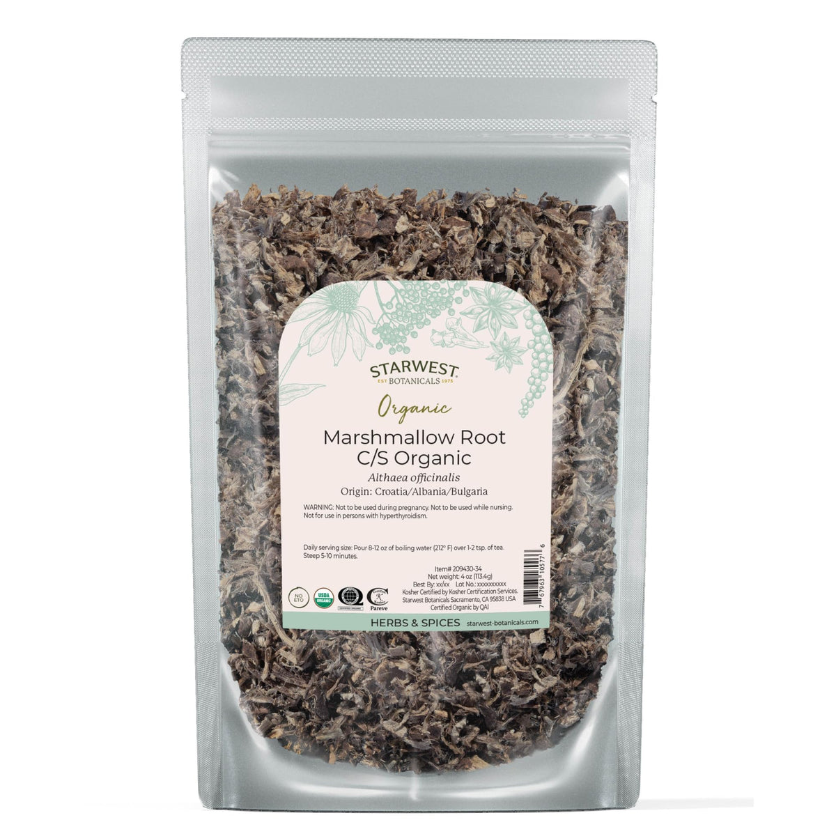 Starwest Botanicals paquete frontal con raíz de malvavisco orgánica mostrando beneficio de pureza