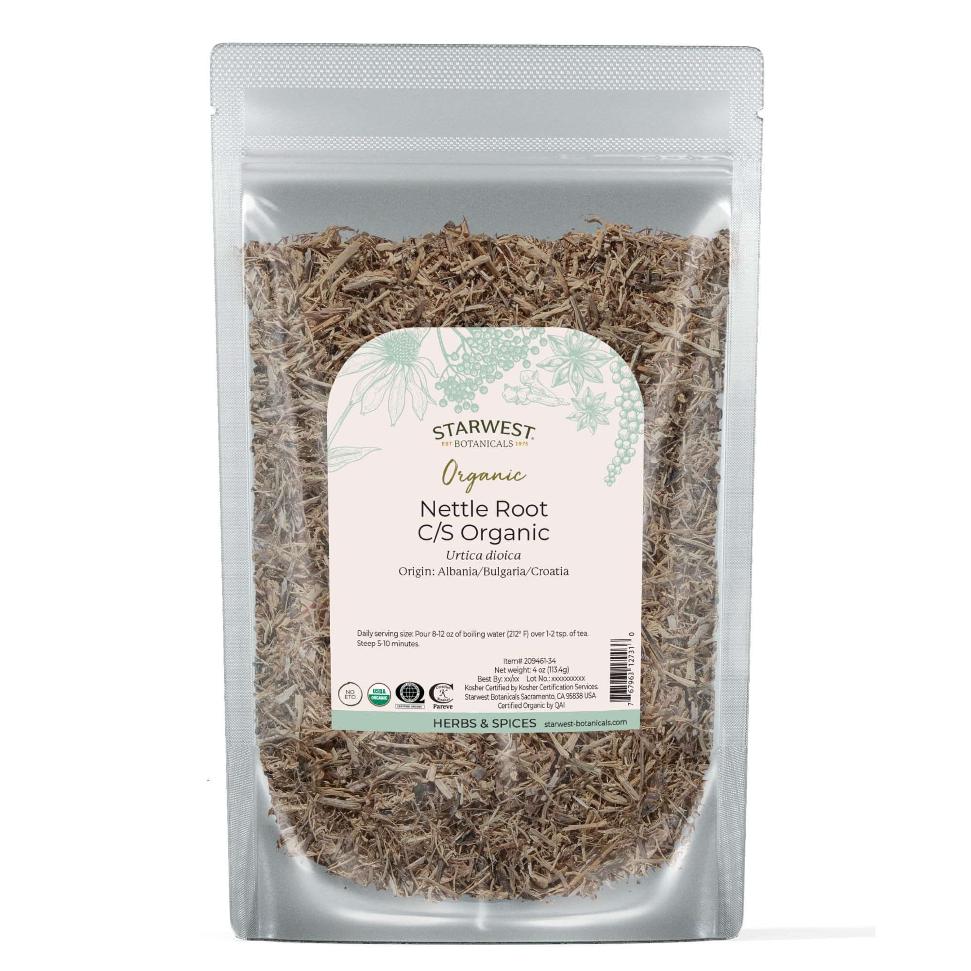 Starwest Botanicals empaque frontal de raíz de ortiga, presentación práctica