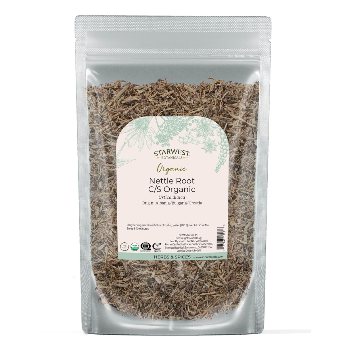 Starwest Botanicals empaque frontal de raíz de ortiga, presentación práctica