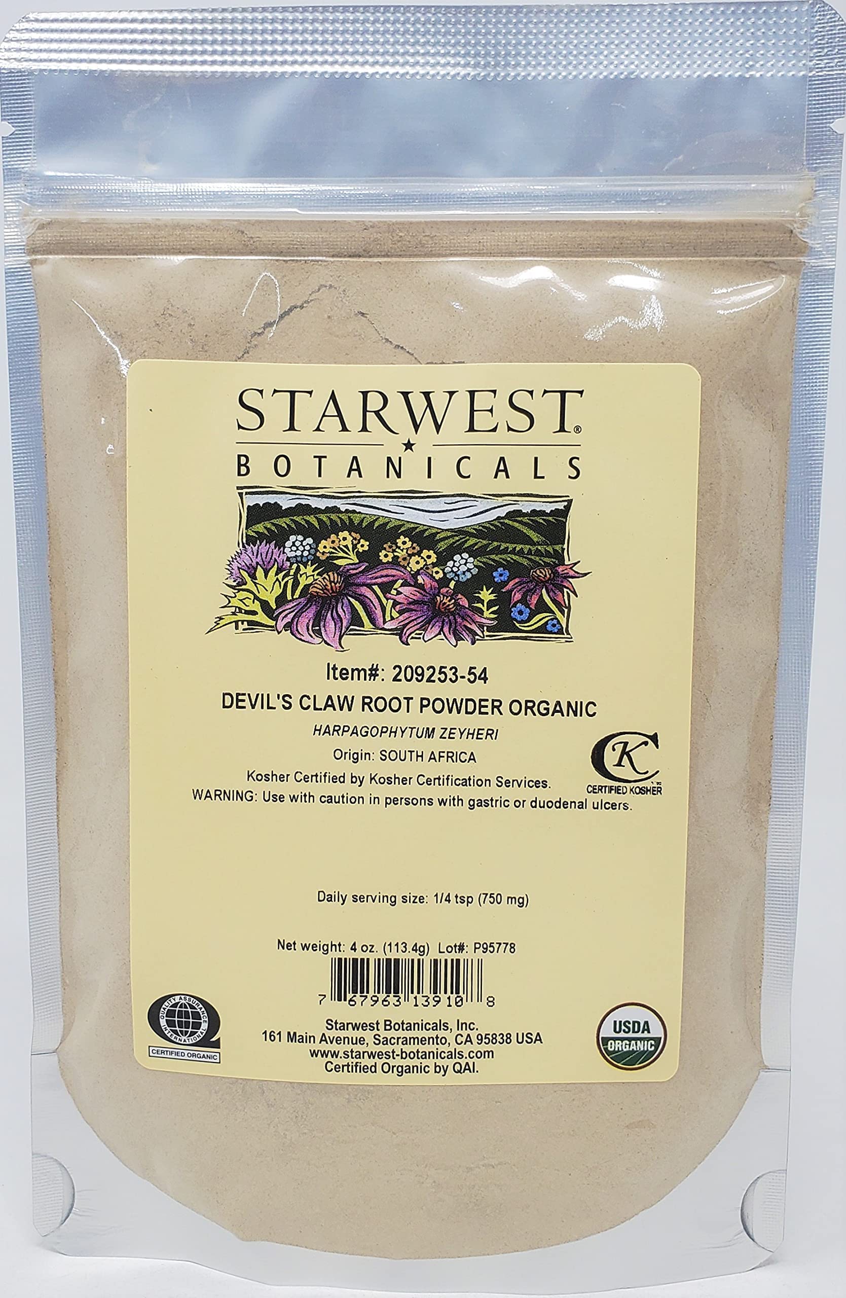 Starwest Botanicals empaque frontal de raíz de garra del diablo en polvo beneficio uso versátil